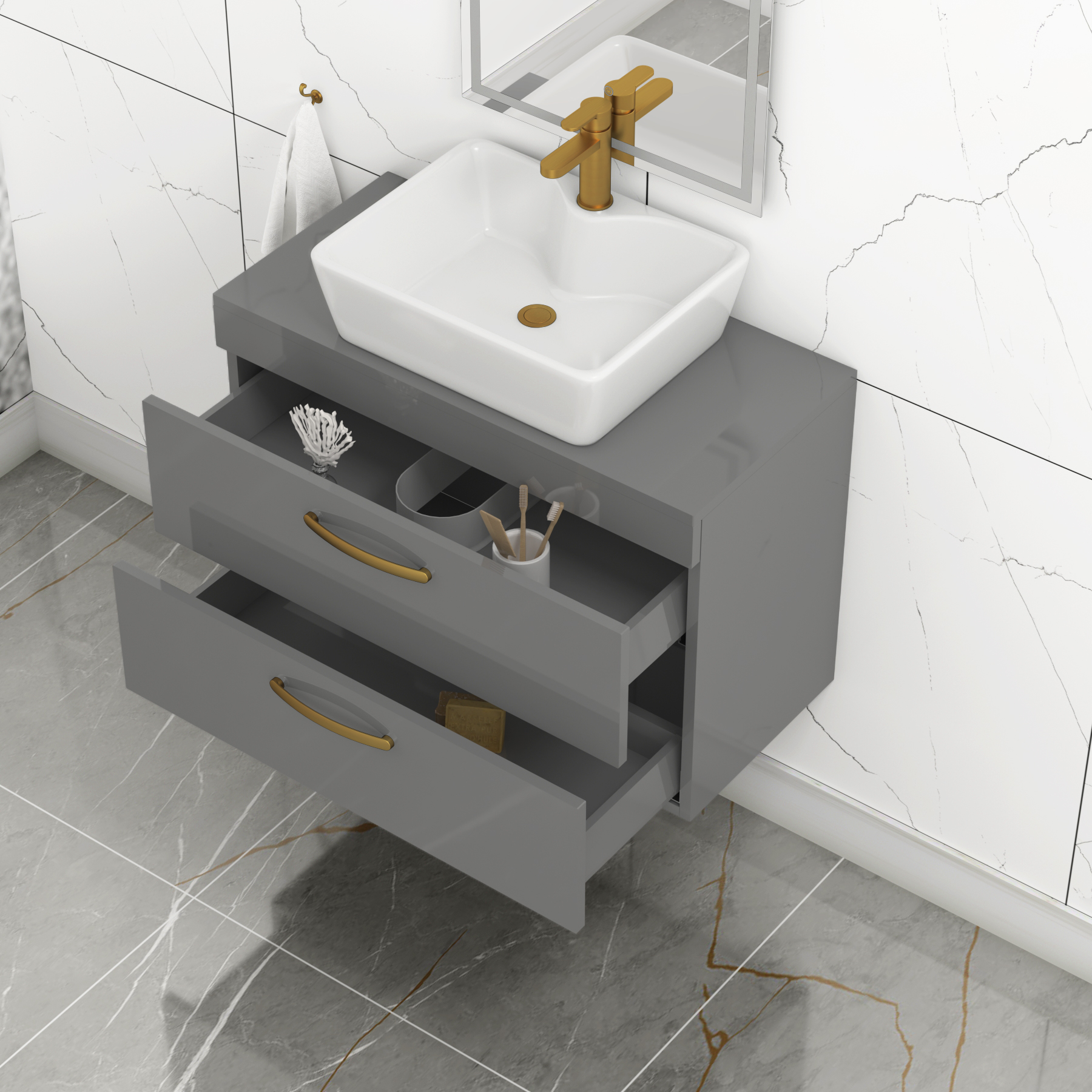 800mm Wall Hung Vanity Unit 2 Drawer Indigo Grey Gloss & Cube Countertop Basin with Brushed Brass Handle