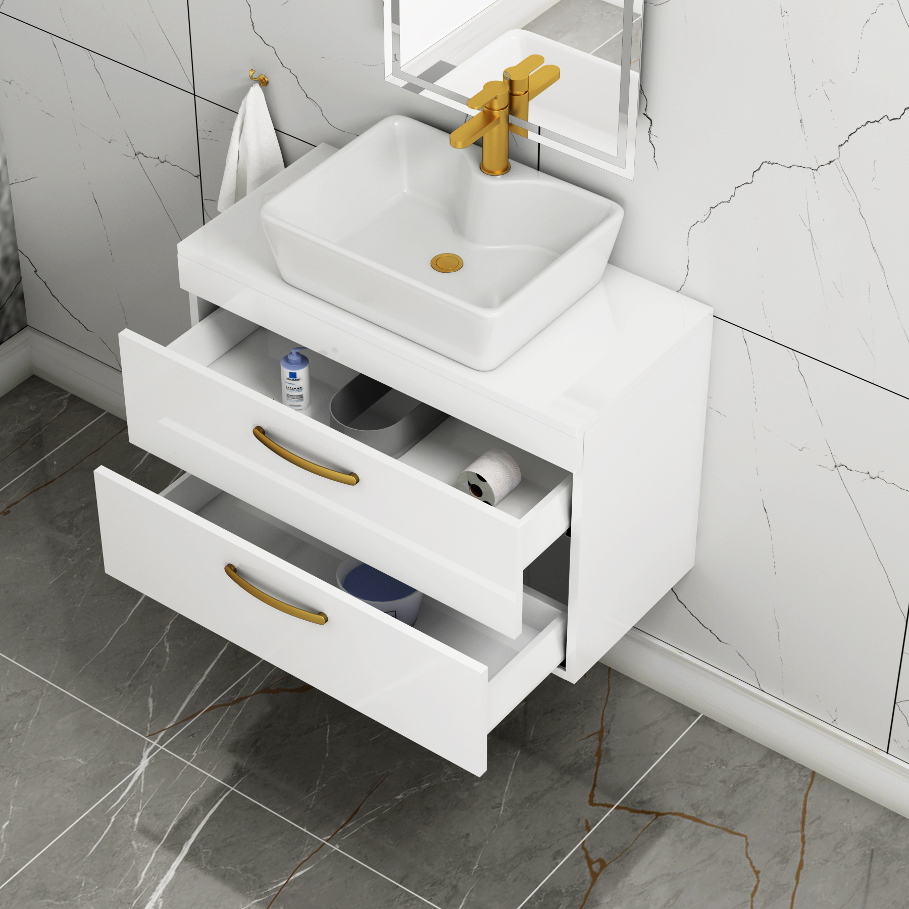 800mm Wall Hung Vanity Unit 2 Drawer Gloss White & Cube Countertop Basin with Brushed Brass Handle