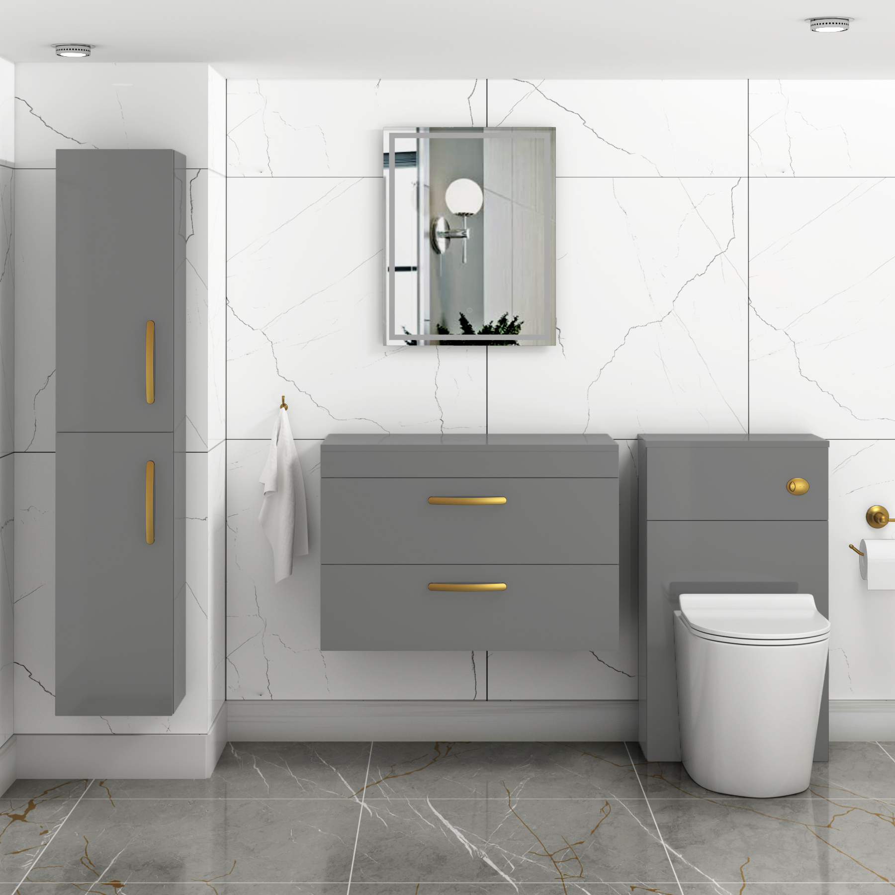 800mm Wall Hung Vanity Unit 2 Drawer Indigo Gloss Grey - Storage Cabinetwith Brushed Brass Handle
