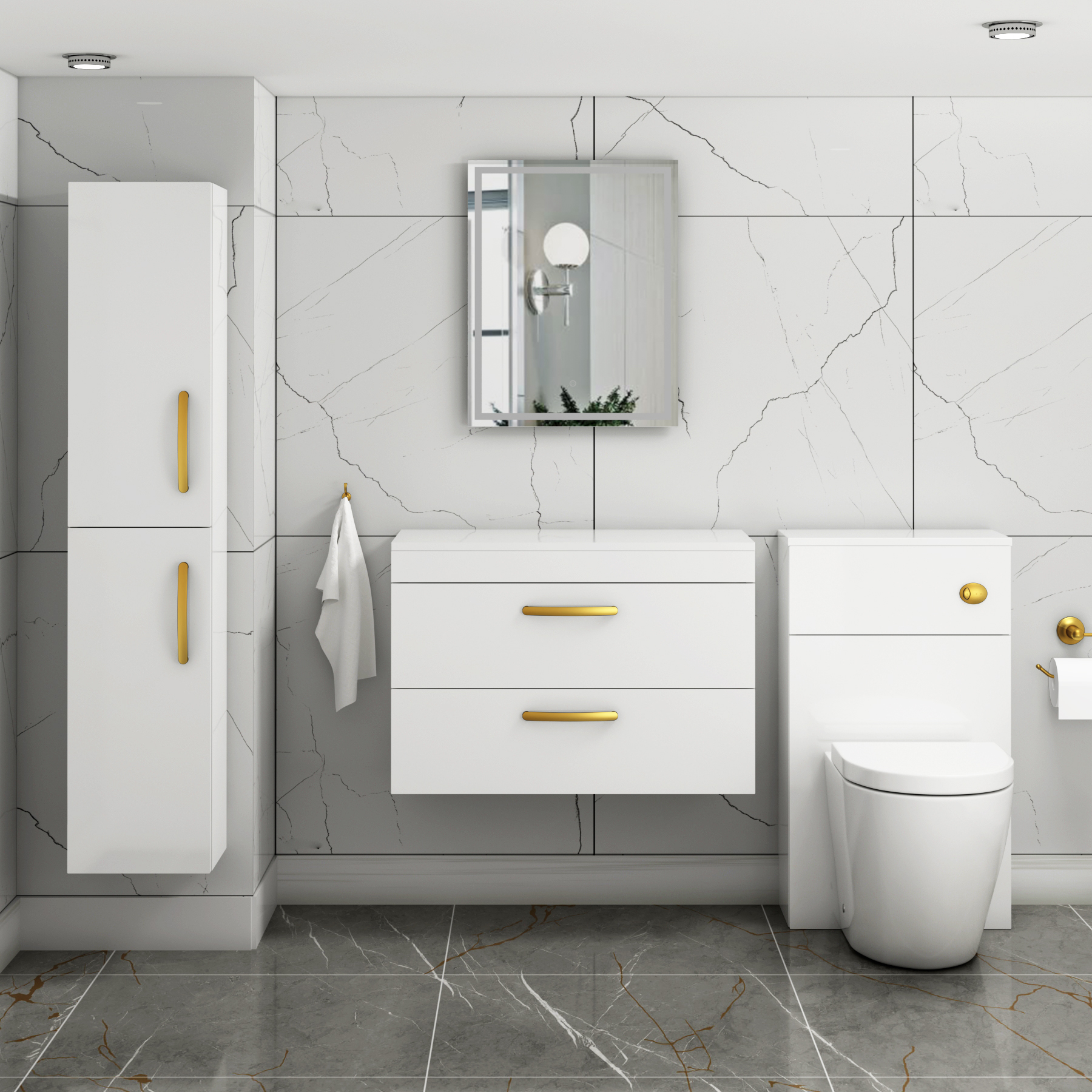 800mm Wall Hung Vanity Unit 2 Drawer Gloss White - Storage Cabinetwith Brushed Brass Handle