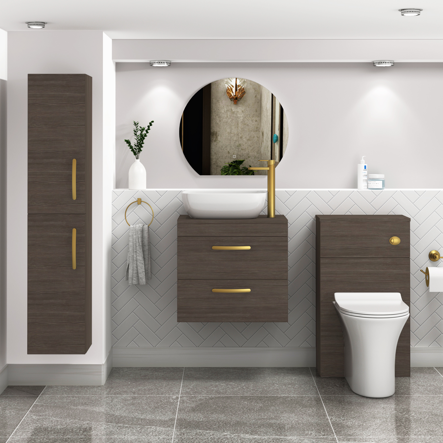 600mm Wall Hung Vanity Unit 2 Drawer Grey Elm & Elva Countertop Basin with Brushed Brass Handle