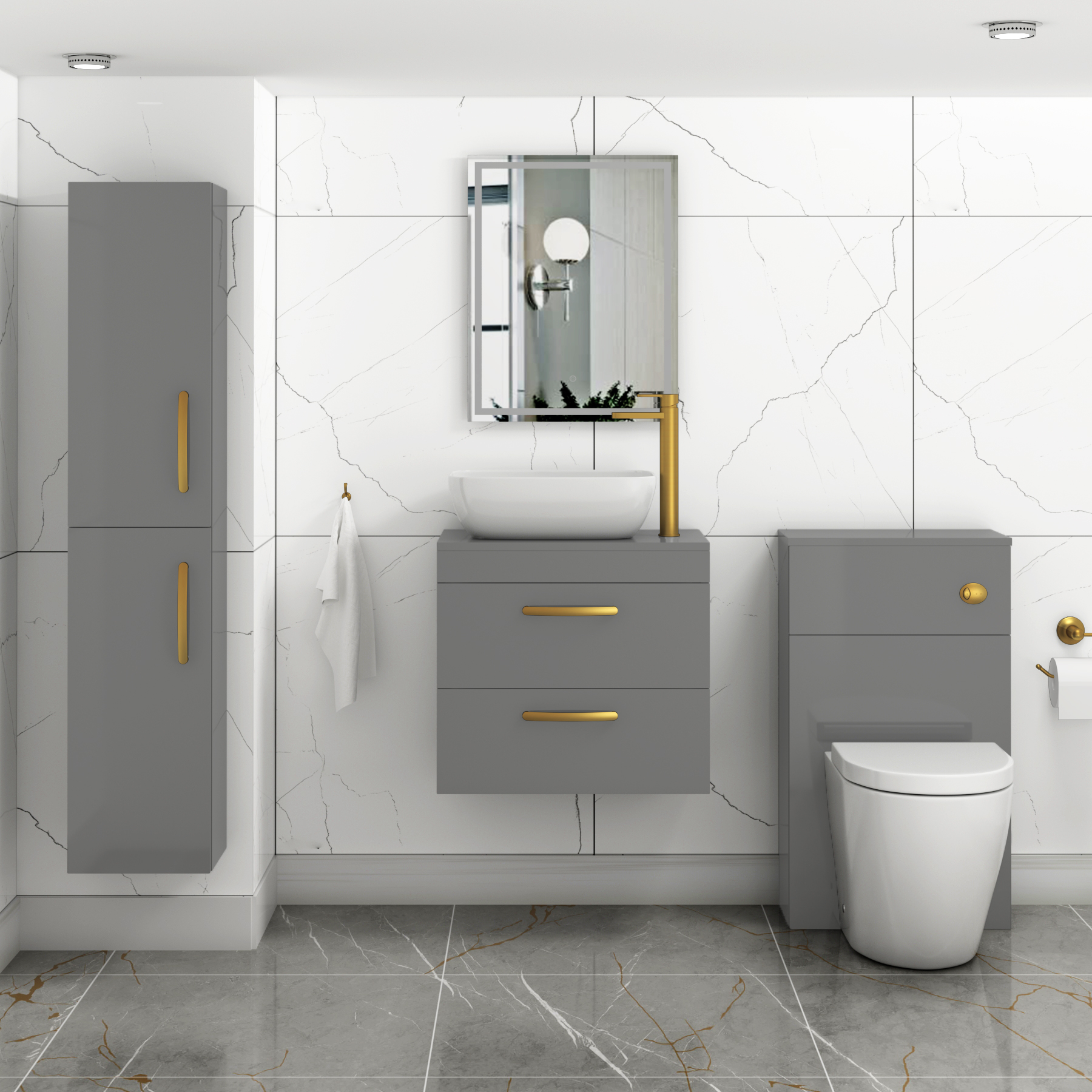 600mm Wall Hung Vanity Unit 2 Drawer Indigo Grey Gloss & Elva Countertop Basin with Brushed Brass Handle