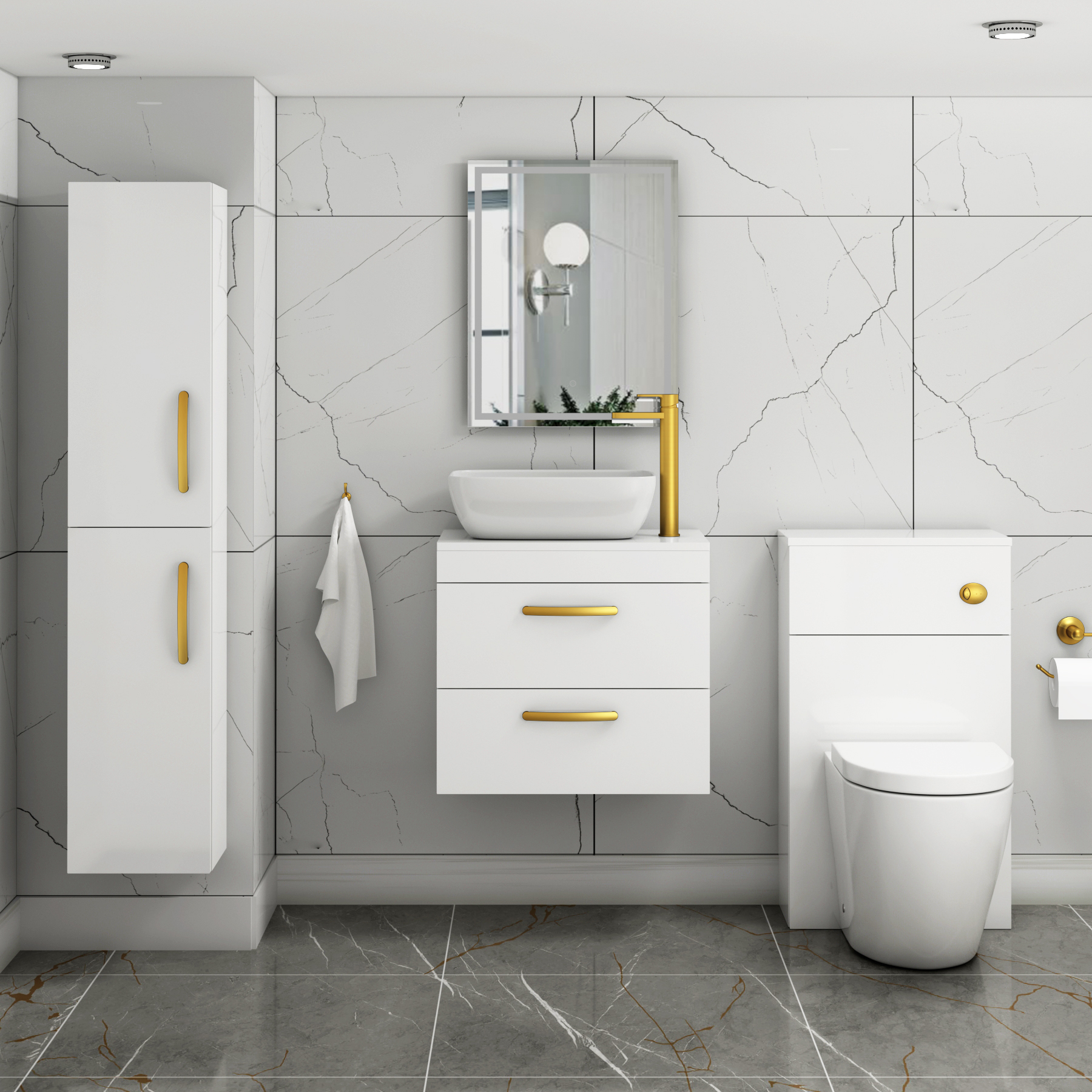 600mm Wall Hung Vanity Unit 2 Drawer Gloss White & Elva Countertop Basin with Brushed Brass Handle