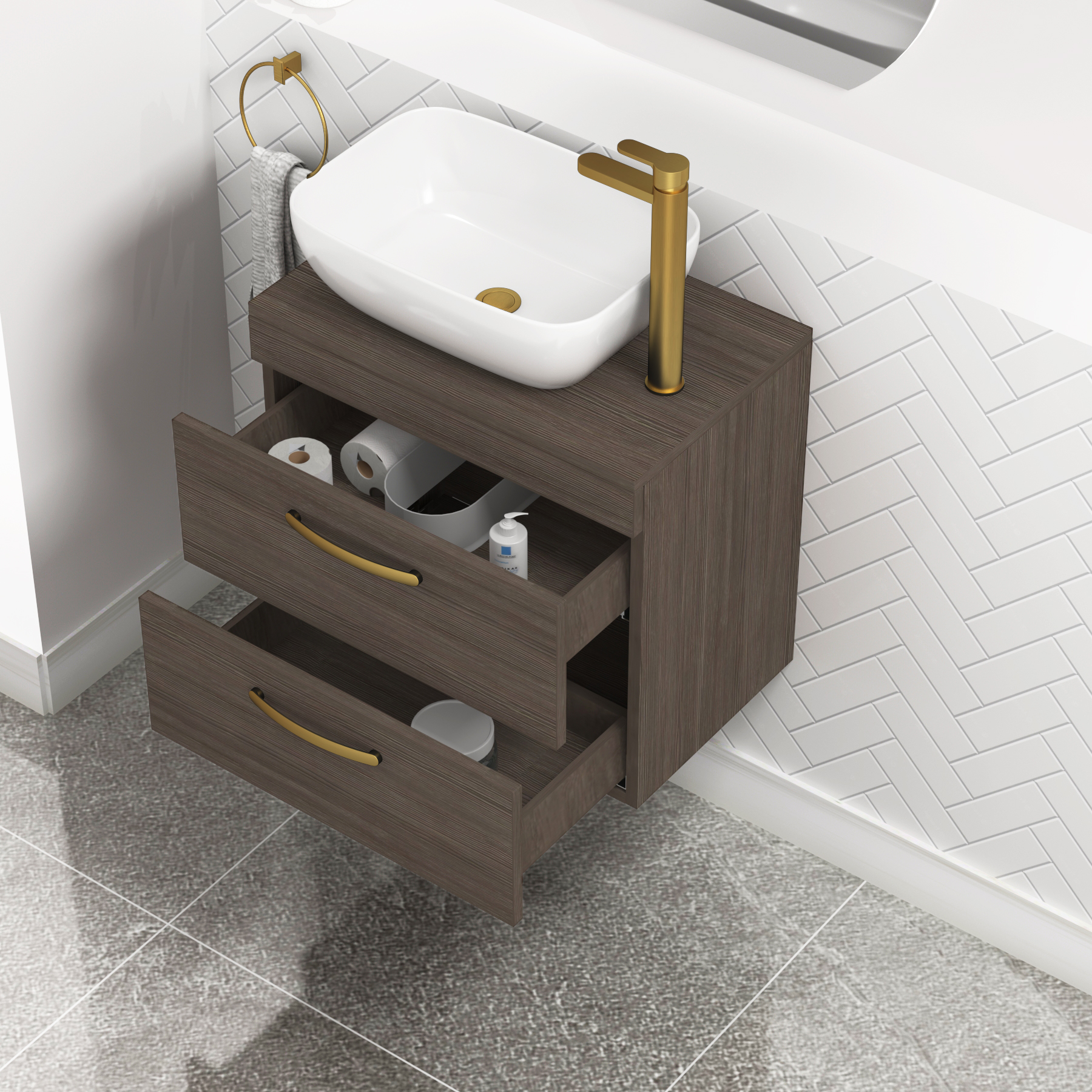 600mm Wall Hung Vanity Unit 2 Drawer Grey Elm & Elva Countertop Basin with Brushed Brass Handle