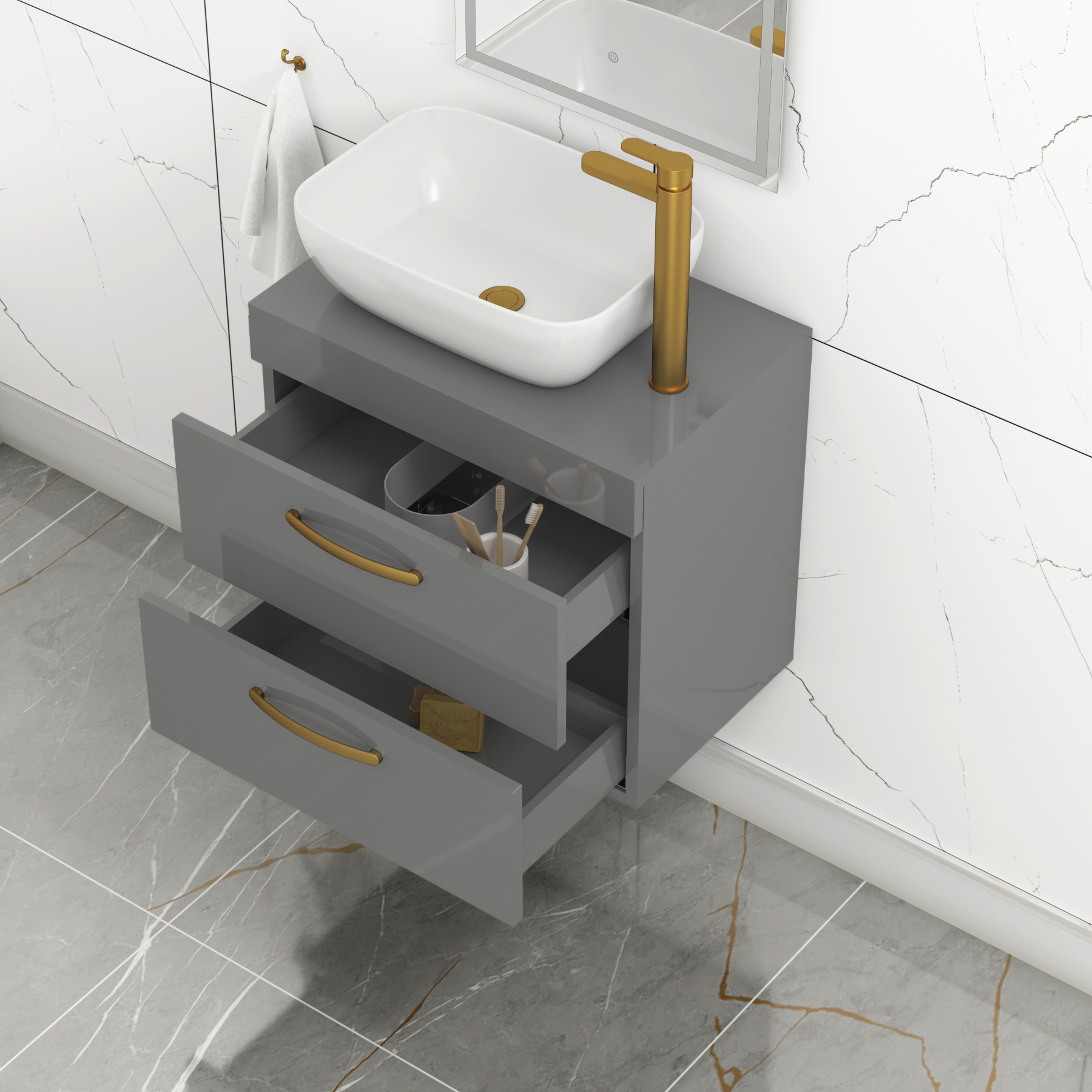 600mm Wall Hung Vanity Unit 2 Drawer Indigo Grey Gloss & Elva Countertop Basin with Brushed Brass Handle