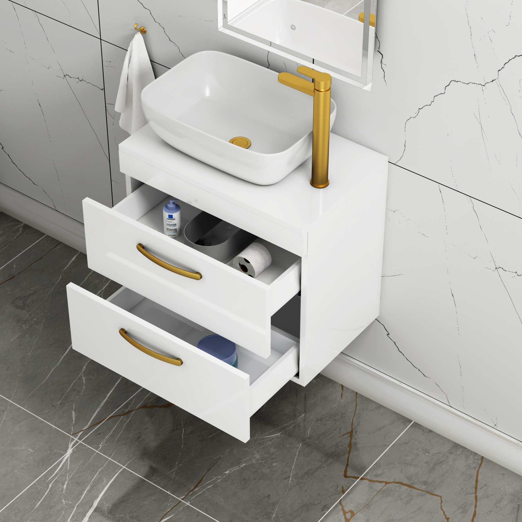 600mm Wall Hung Vanity Unit 2 Drawer Gloss White & Elva Countertop Basin with Brushed Brass Handle