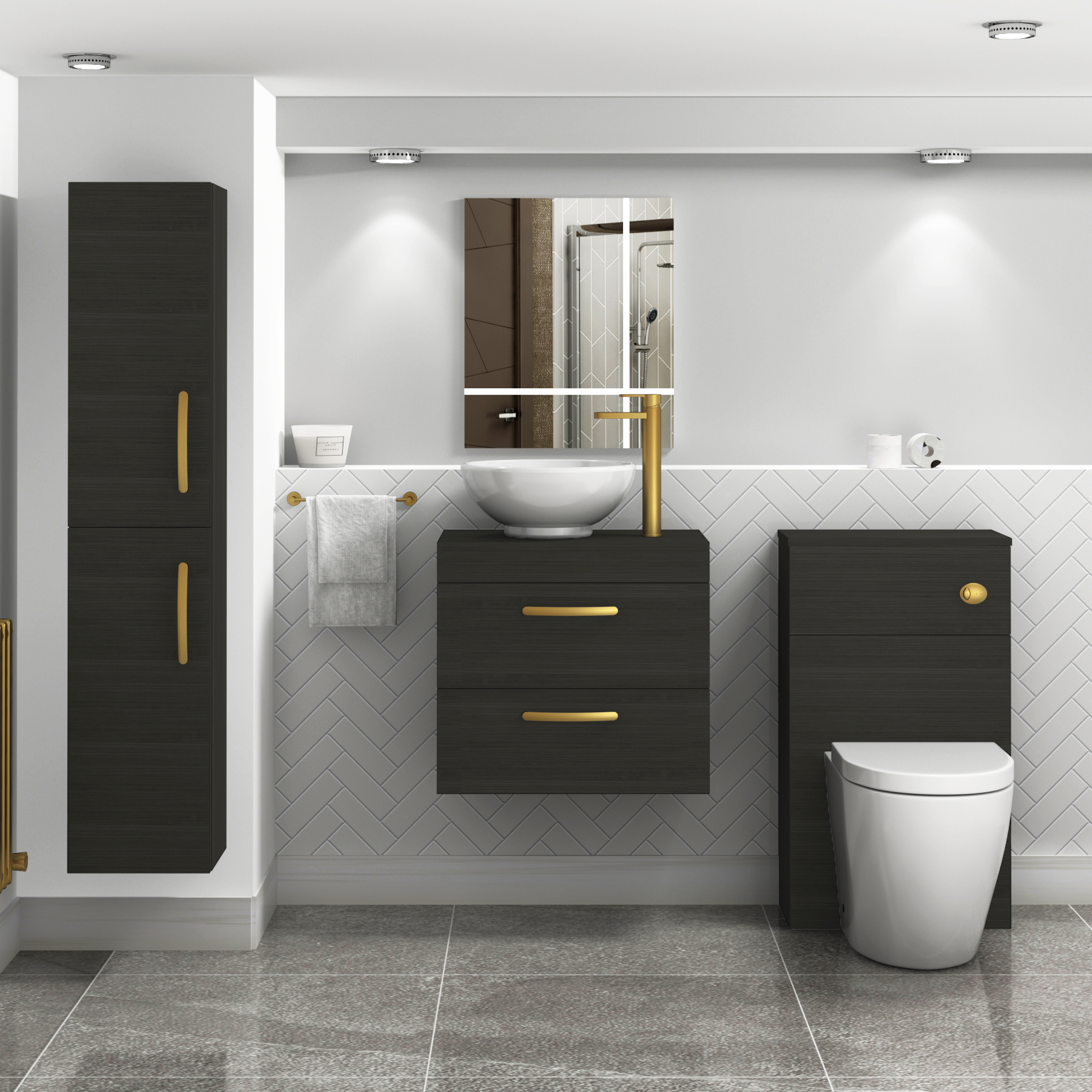 600mm Hale Black 2 Drawer Wall Mounted Bathroom Vanity Unit with Basin & Breeze Countertop Sinkwith Brushed Brass Handle