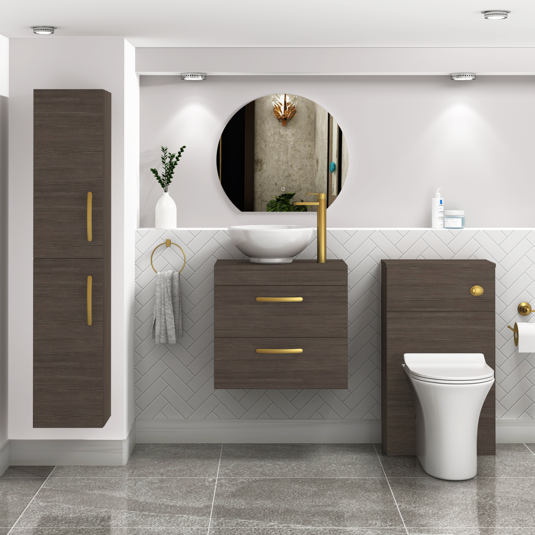 600mm Wall Hung Vanity Unit 2 Drawer Grey Elm & Breeze Countertop Basin with Brushed Brass Handle
