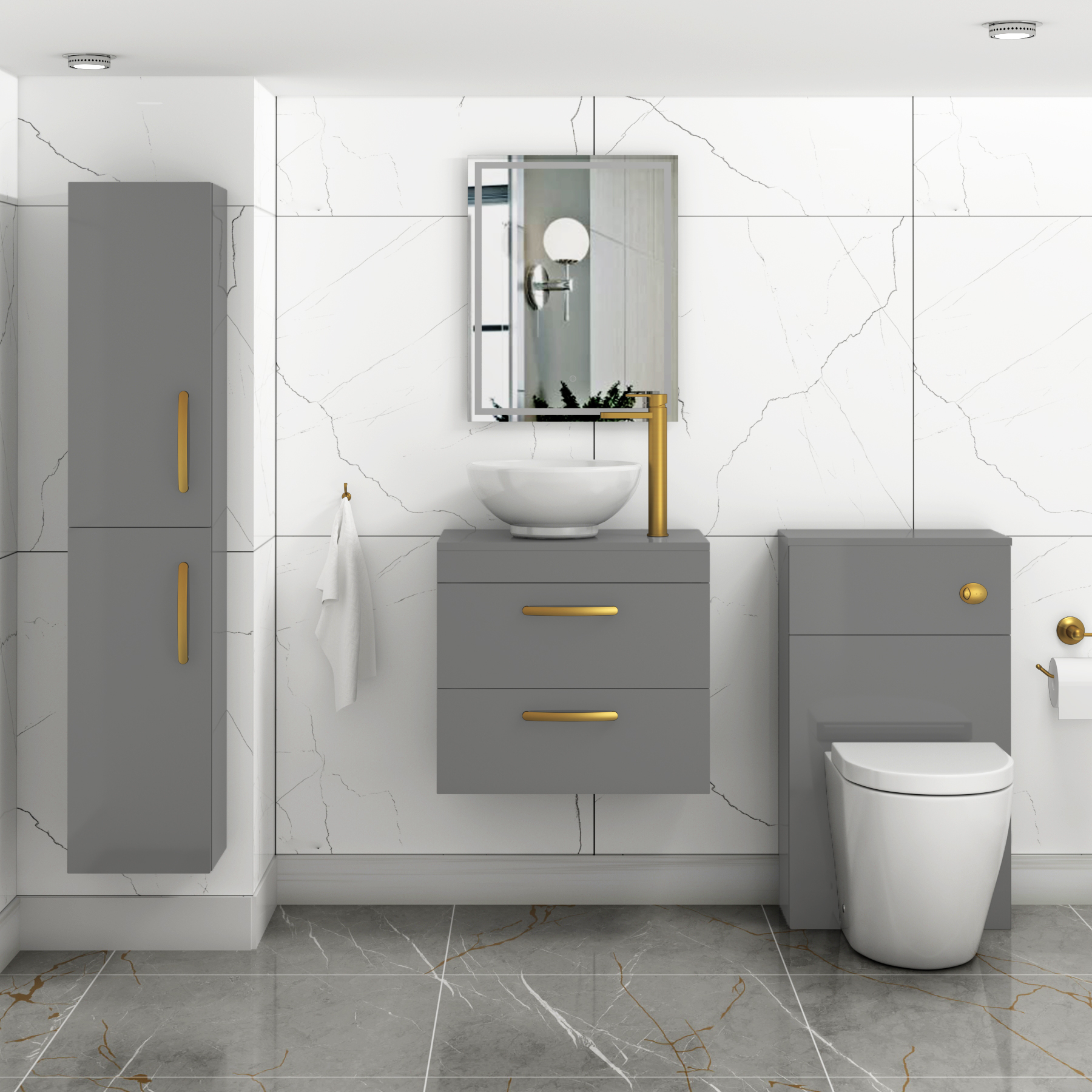 600mm Wall Hung Vanity Unit 2 Drawer Indigo Grey Gloss & Breeze Countertop Basin with Brushed Brass Handle