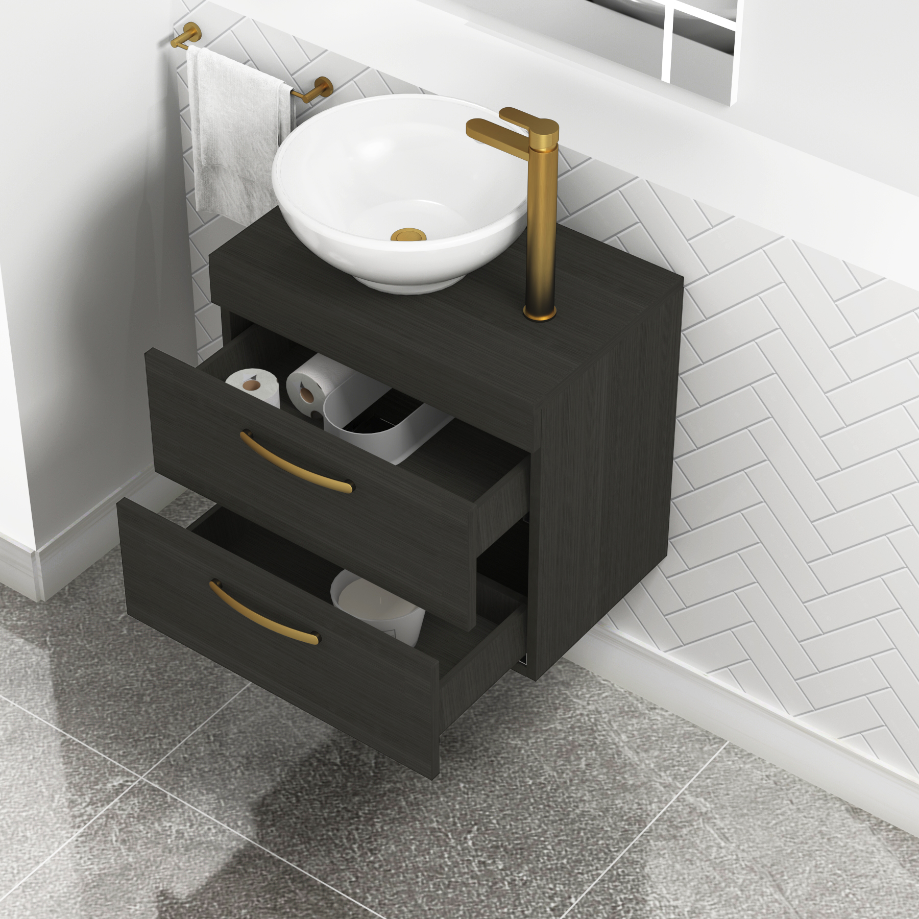 600mm Hale Black 2 Drawer Wall Mounted Bathroom Vanity Unit with Basin & Breeze Countertop Sinkwith Brushed Brass Handle