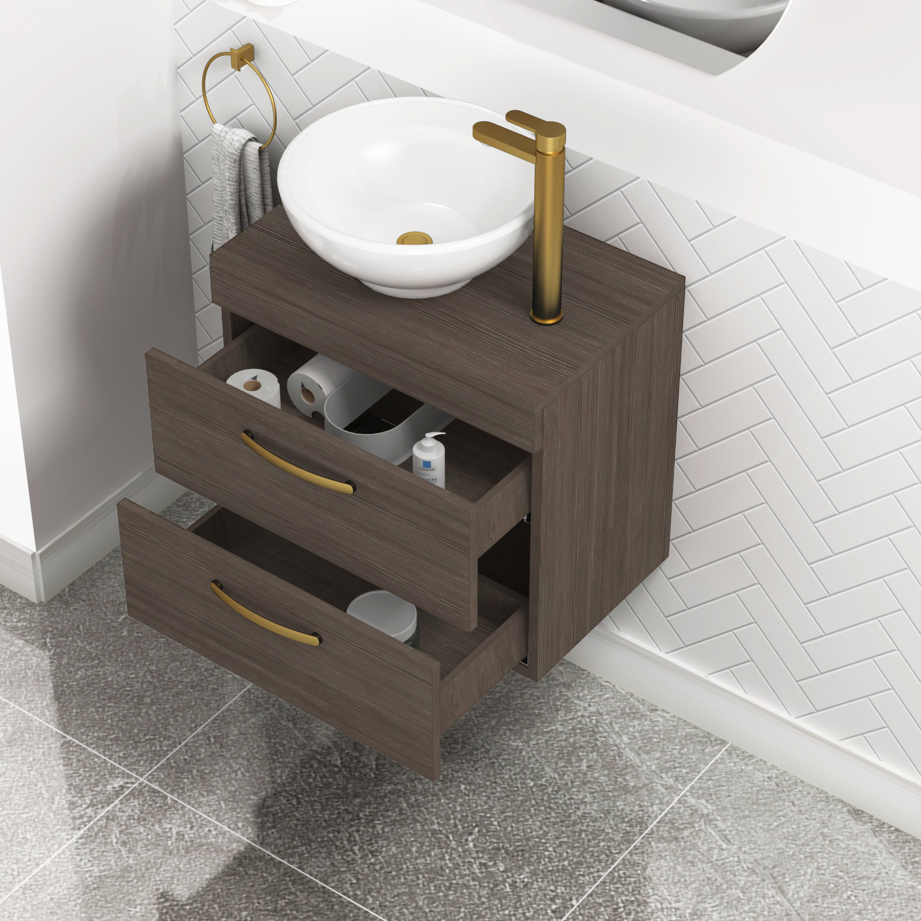 600mm Wall Hung Vanity Unit 2 Drawer Grey Elm & Breeze Countertop Basin with Brushed Brass Handle