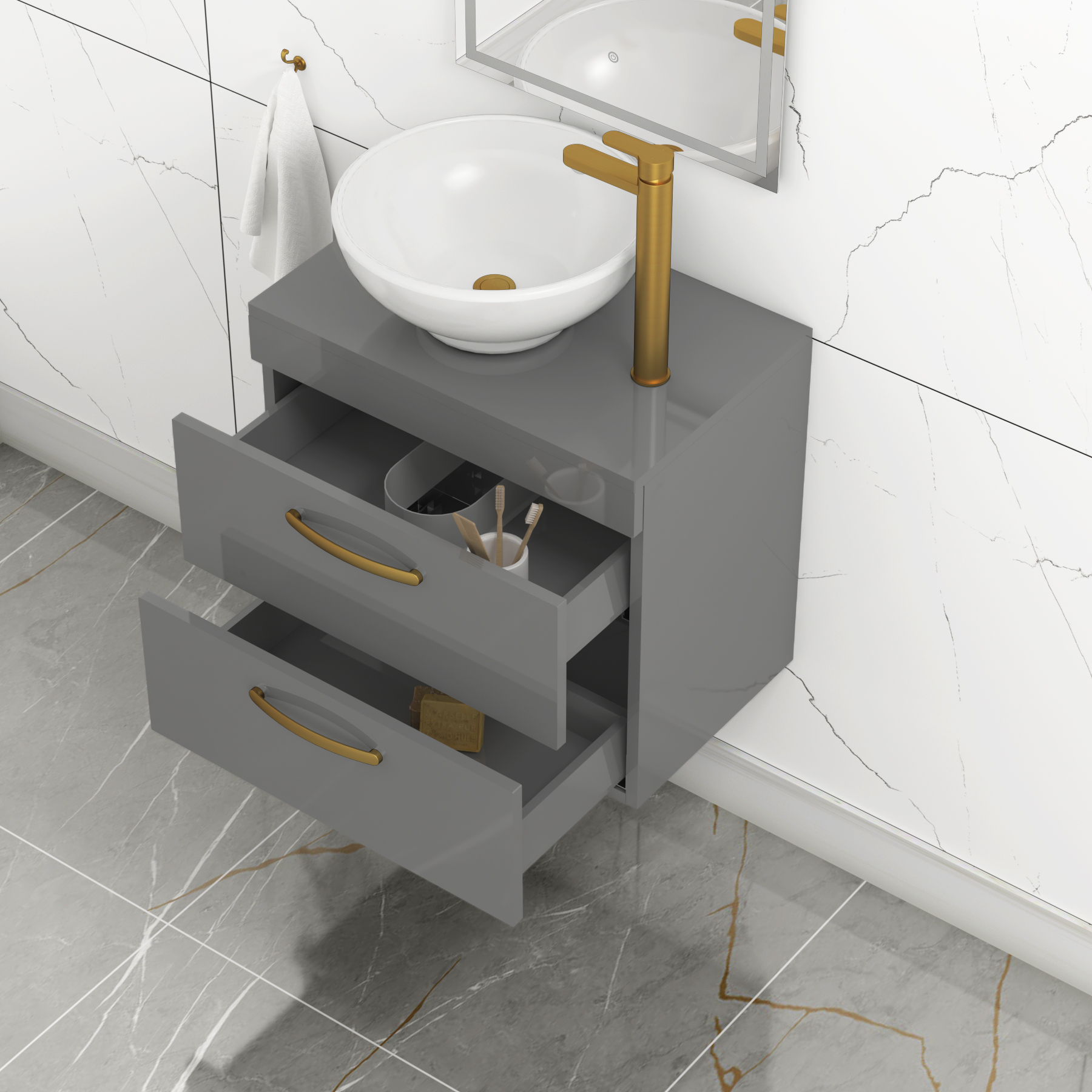 600mm Wall Hung Vanity Unit 2 Drawer Indigo Grey Gloss & Breeze Countertop Basin with Brushed Brass Handle