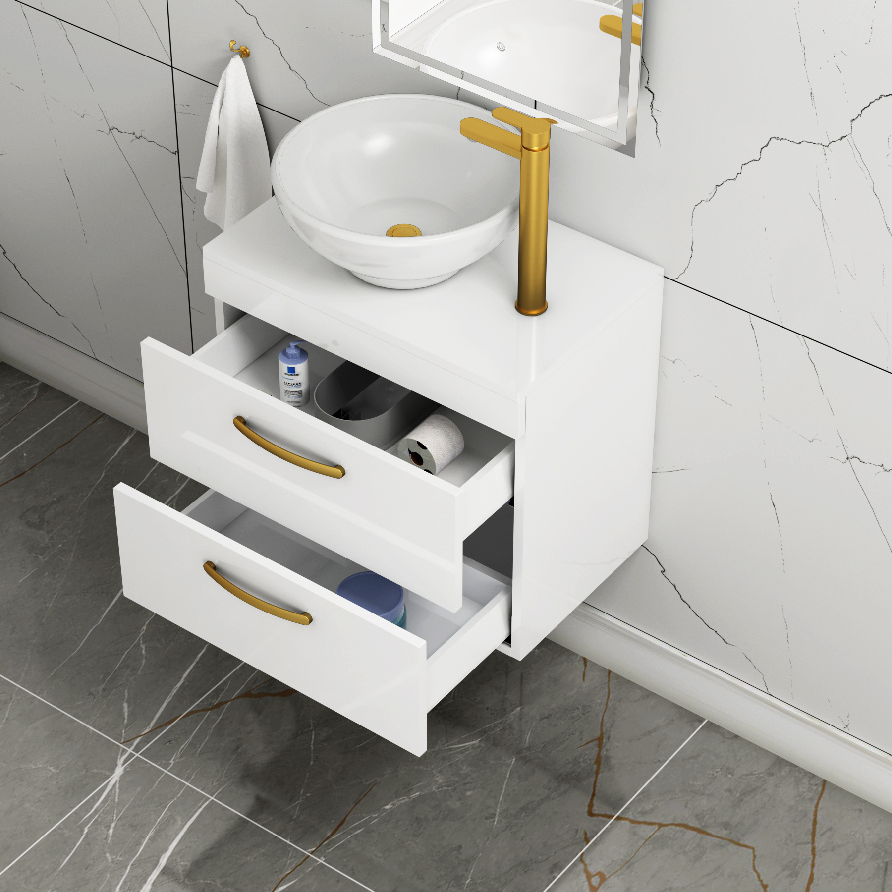 600mm Wall Hung Vanity Unit 2 Drawer Gloss White & Breeze Countertop Basin with Brushed Brass Handle