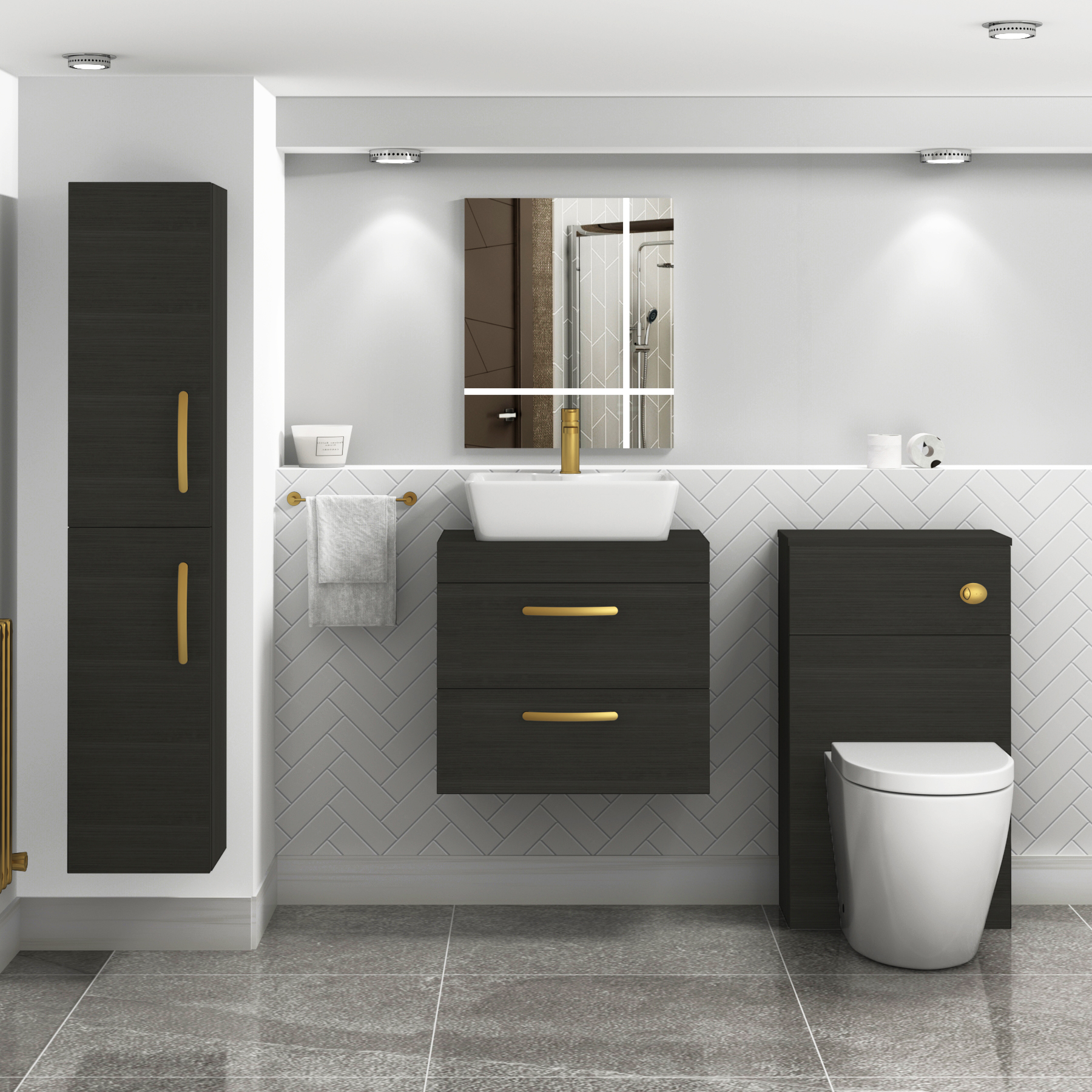 600mm Wall Hung Vanity Unit 2 Drawer Hale Black & Cube Countertop Basin with Brushed Brass Handle