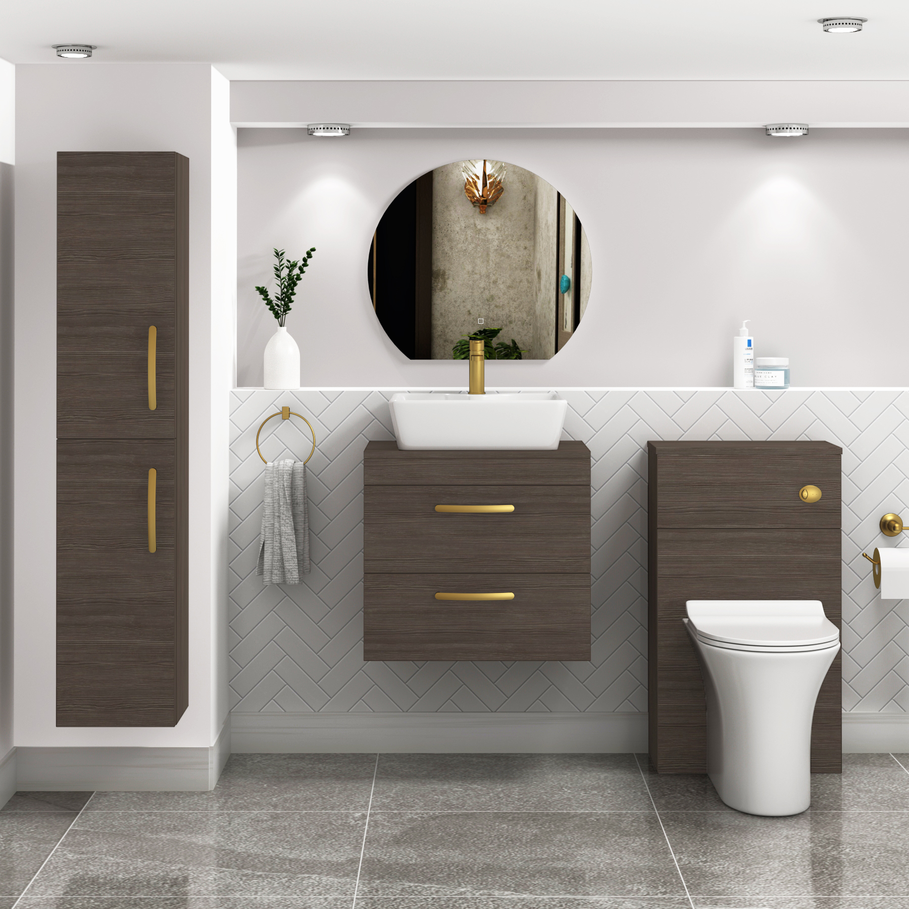 600mm Wall Hung Vanity Unit 2 Drawer Grey Elm & Cube Countertop Basin with Brushed Brass Handle