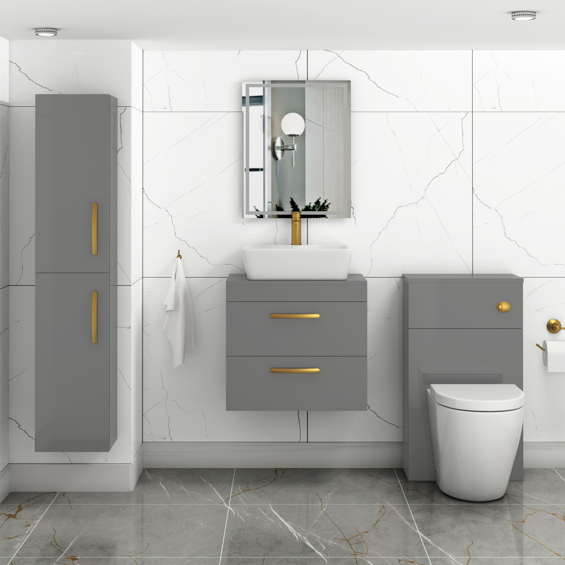 600mm Wall Hung Vanity Unit 2 Drawer Indigo Grey Gloss & Cube Countertop Basin with Brushed Brass Handle