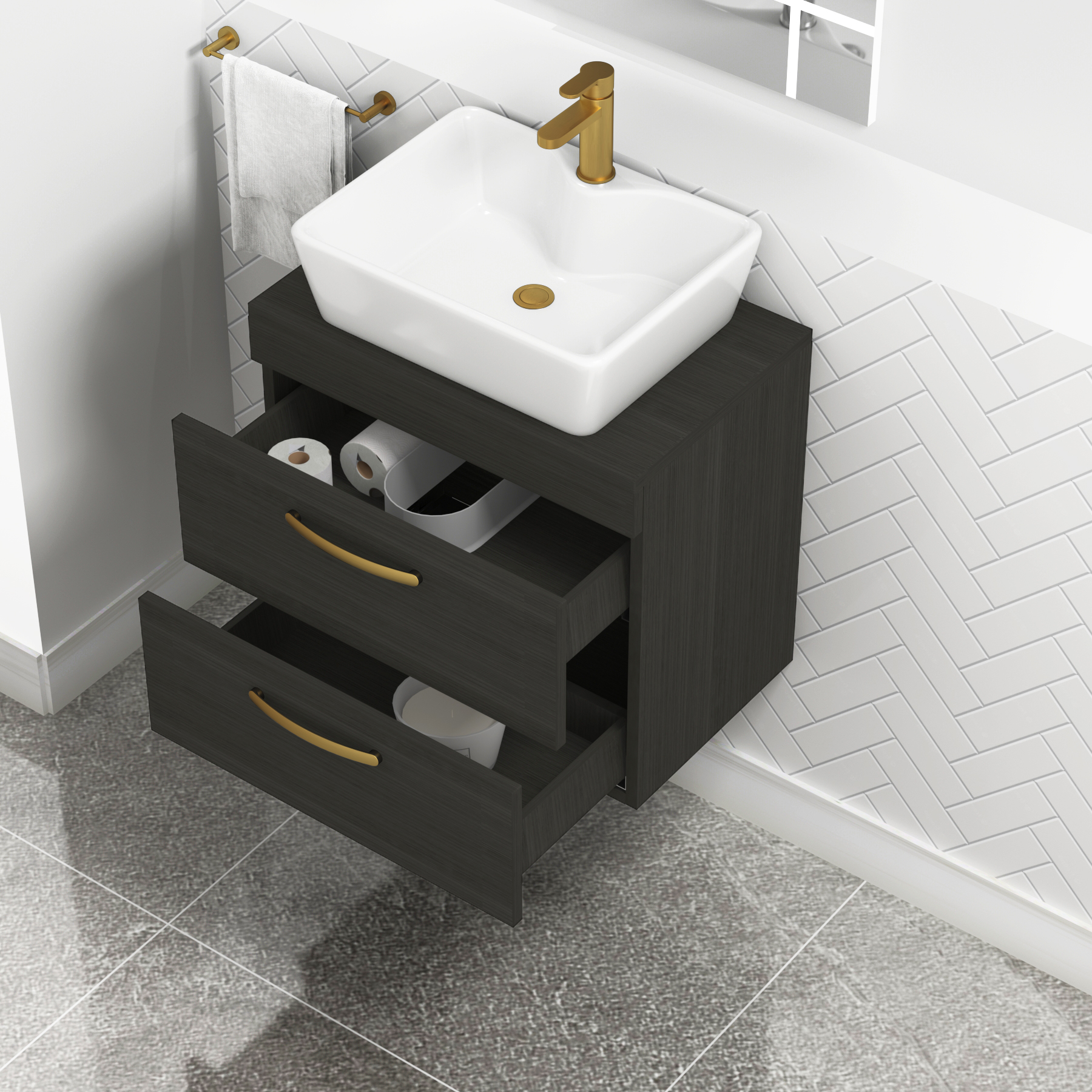 600mm Wall Hung Vanity Unit 2 Drawer Hale Black & Cube Countertop Basin with Brushed Brass Handle