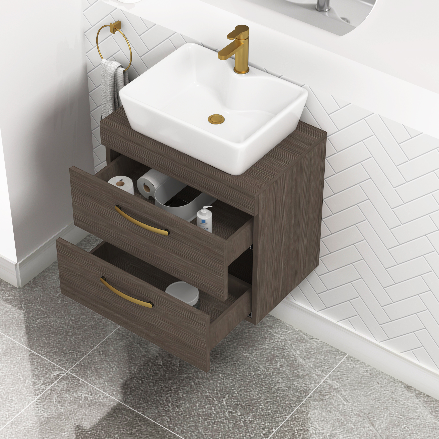 600mm Wall Hung Vanity Unit 2 Drawer Grey Elm & Cube Countertop Basin with Brushed Brass Handle