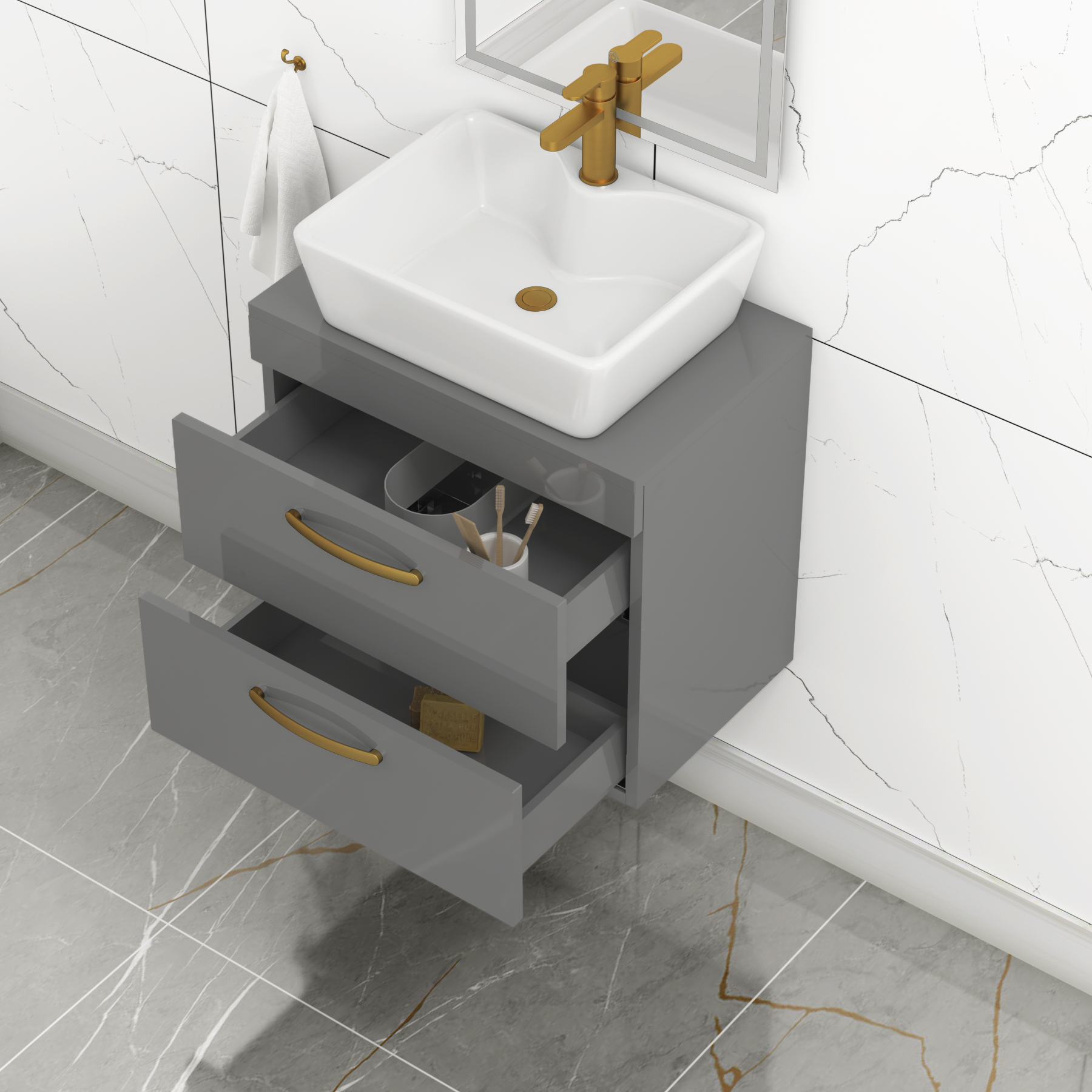 600mm Wall Hung Vanity Unit 2 Drawer Indigo Grey Gloss & Cube Countertop Basin with Brushed Brass Handle