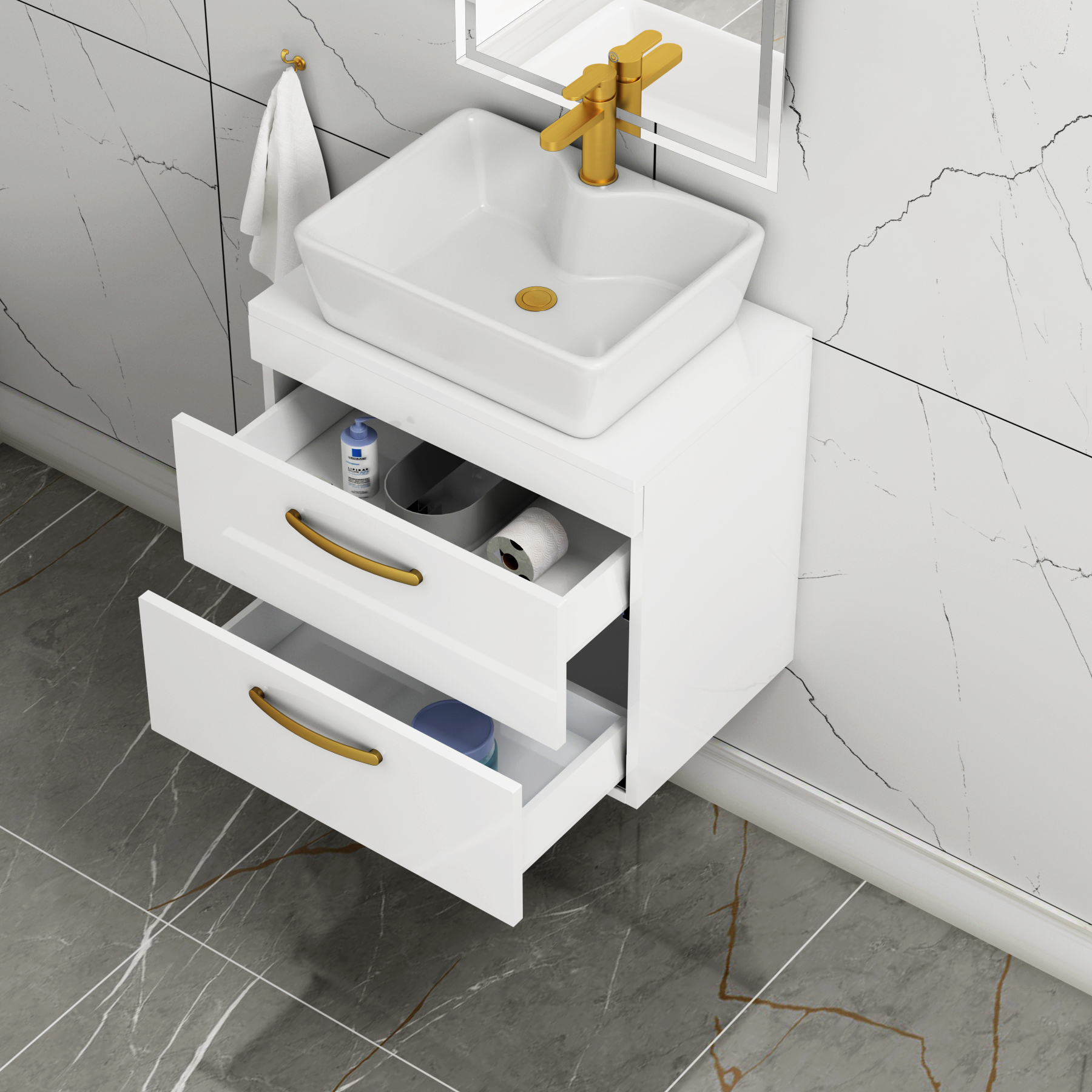 600mm Wall Hung Vanity Unit 2 Drawer Gloss White & Cube Countertop Basin with Brushed Brass Handle