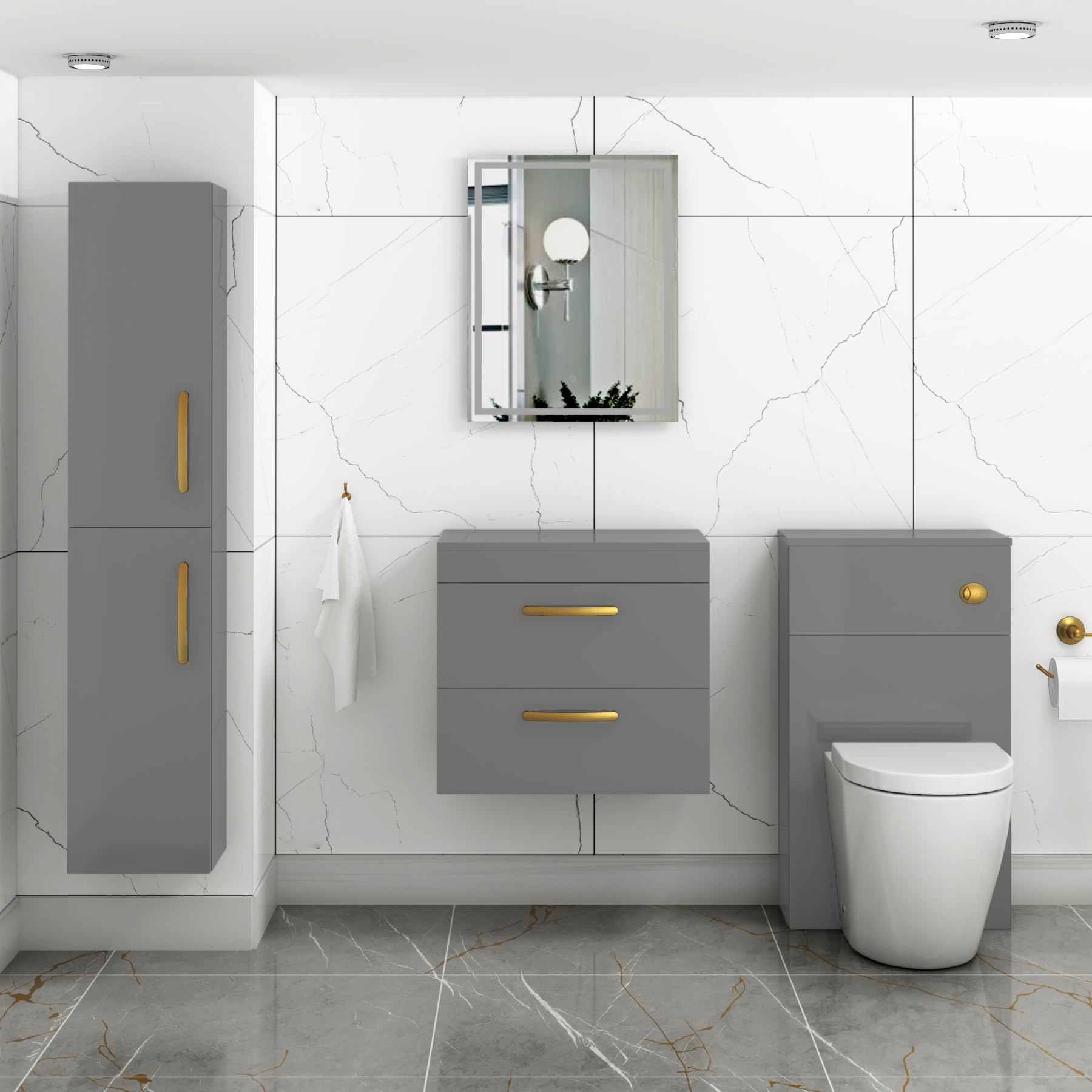 600mm Wall Hung Vanity Unit 2 Drawer Indigo Grey Gloss - Storage Cabinetwith Brushed Brass Handle