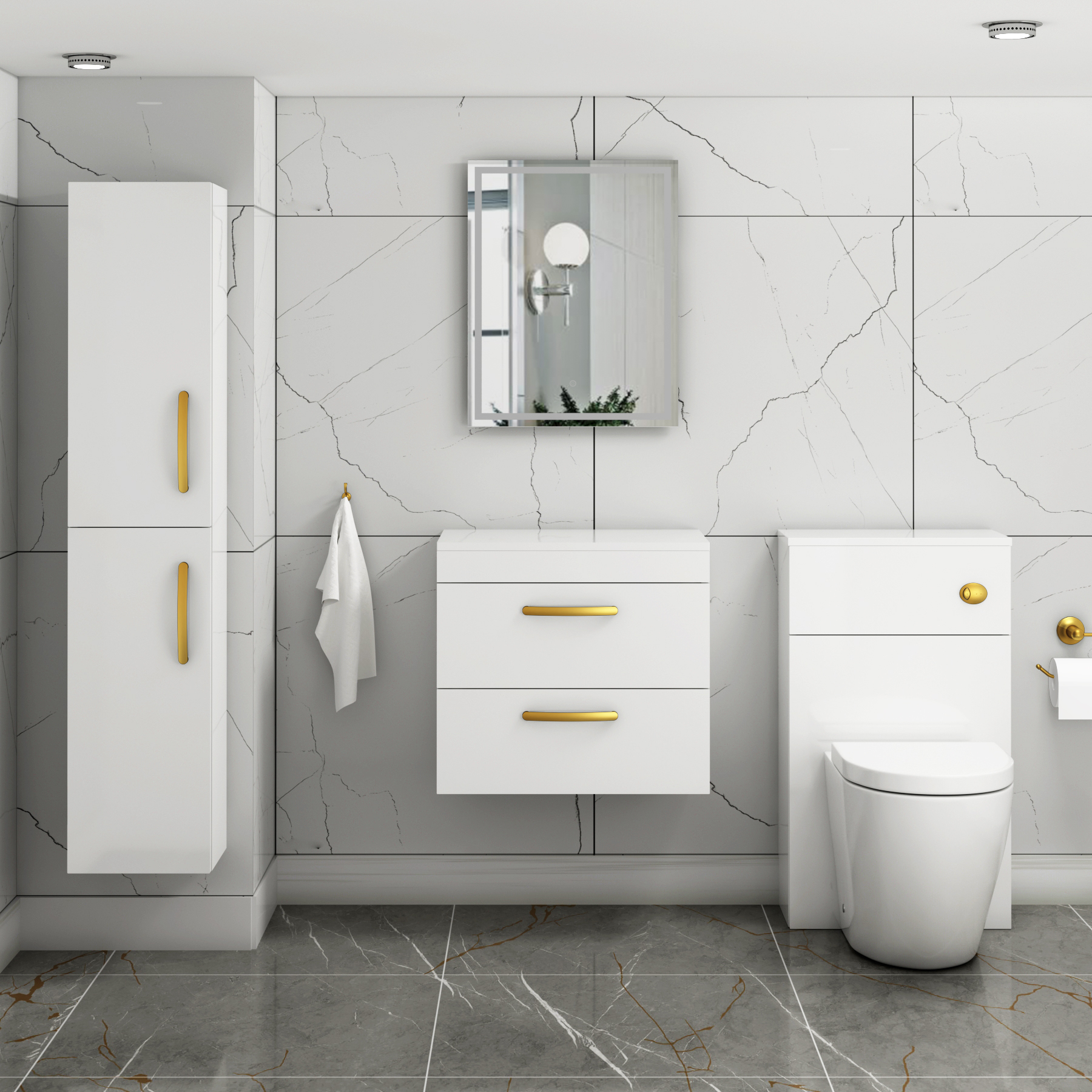 600mm Wall Hung Vanity Unit 2 Drawer Gloss White - Storage Cabinetwith Brushed Brass Handle