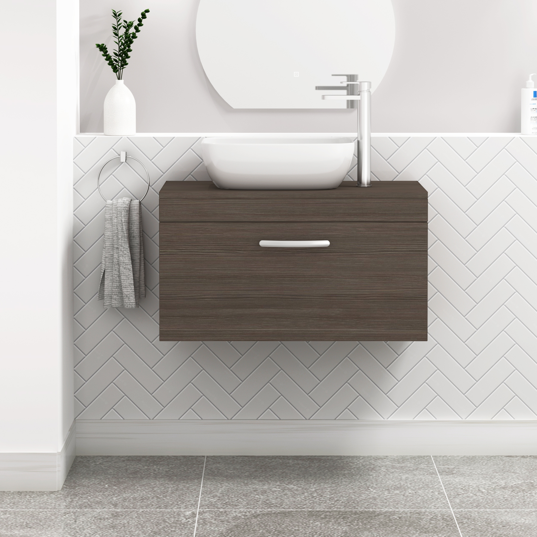 Turin 800mm Grey Elm 1-Drawer Wall Hung Unit & 455mm Soft Square Countertop Basin