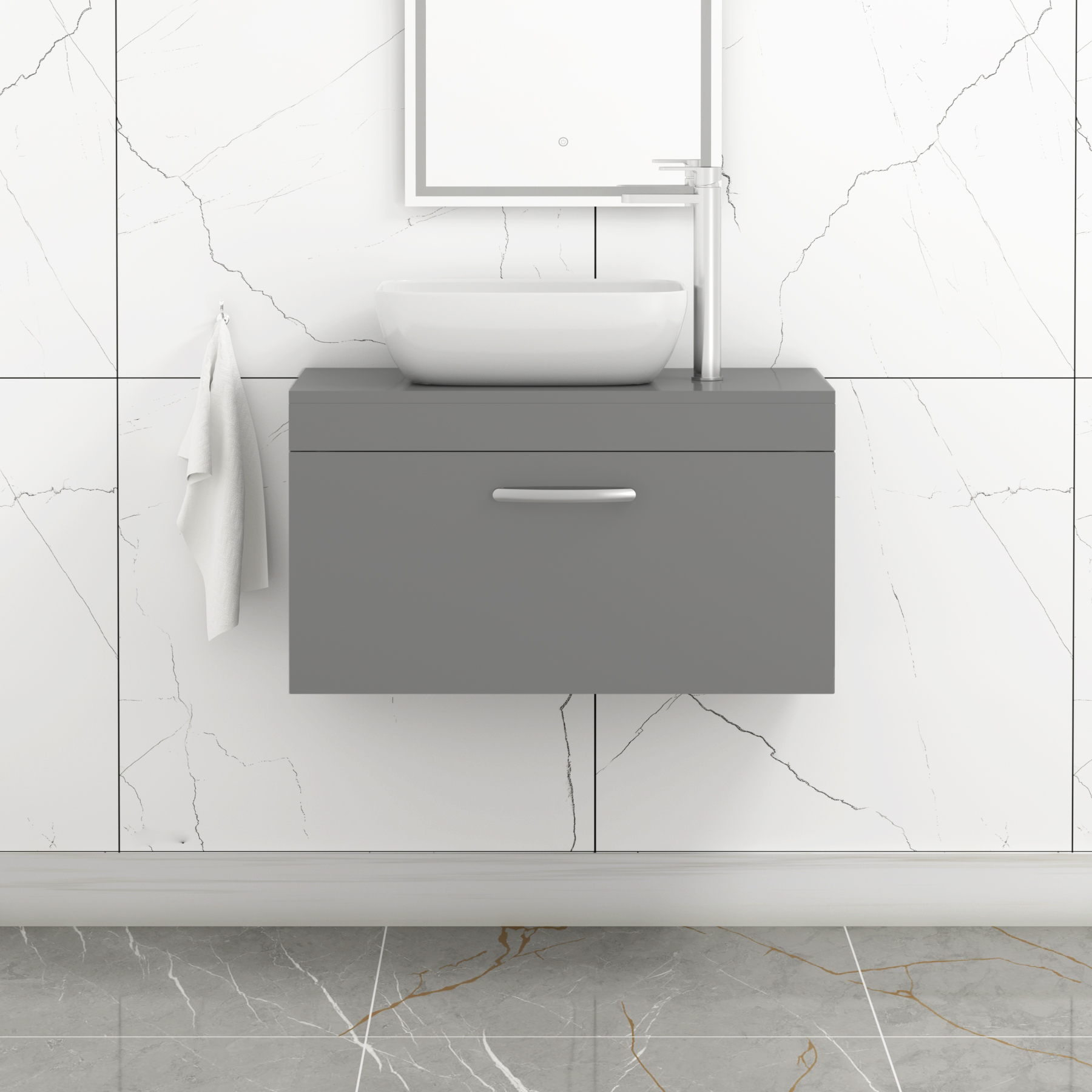 Turin 800mm Wall Hung Vanity Unit 1 Drawer Indigo Grey Gloss & Various Countertop Basins