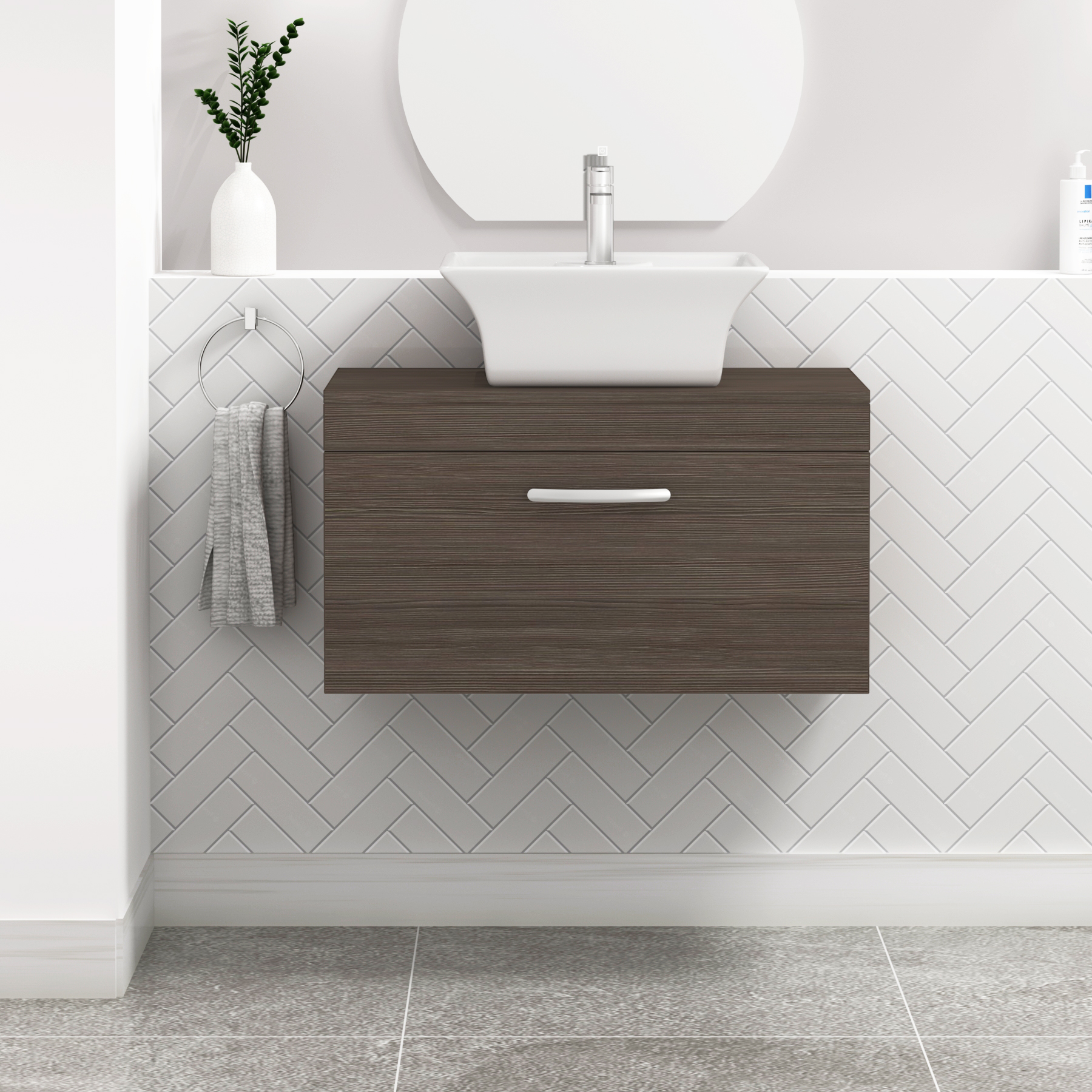 Turin 800mm Wall Hung Vanity Unit 1 Drawer Grey Elm & Various Countertop Basins