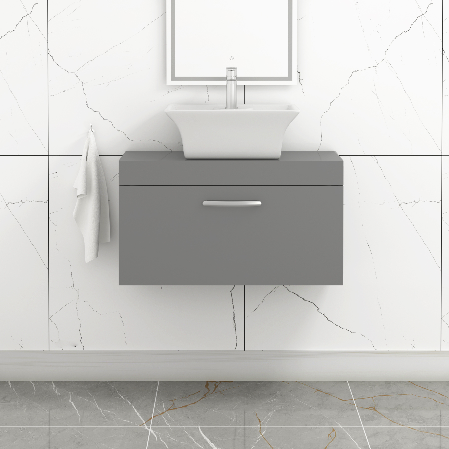 Turin 800mm Wall Hung Vanity Unit 1 Drawer Indigo Grey Gloss & Various Countertop Basins