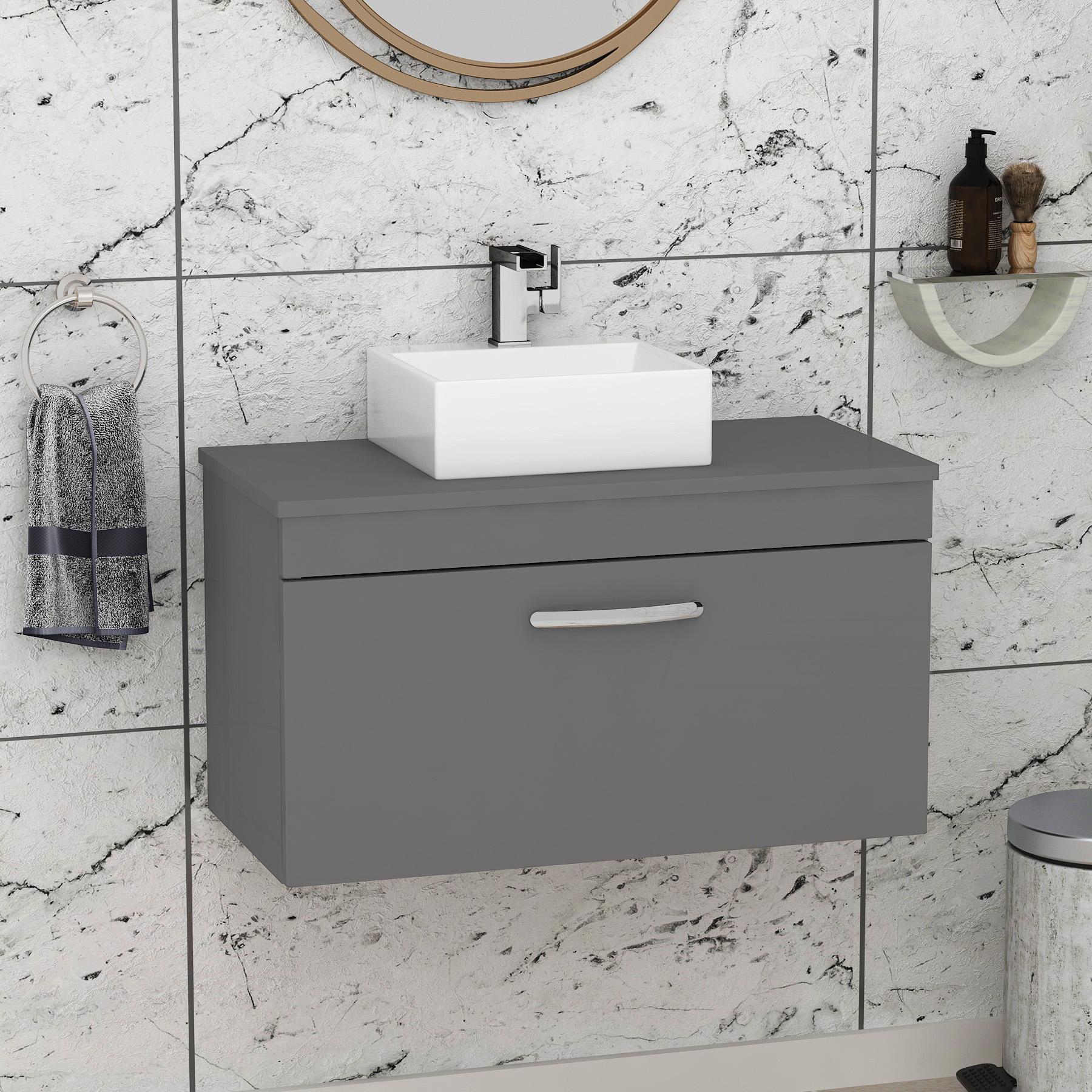Turin 800mm Wall Hung Vanity Unit 1 Drawer Indigo Grey Gloss & Various Countertop Basins
