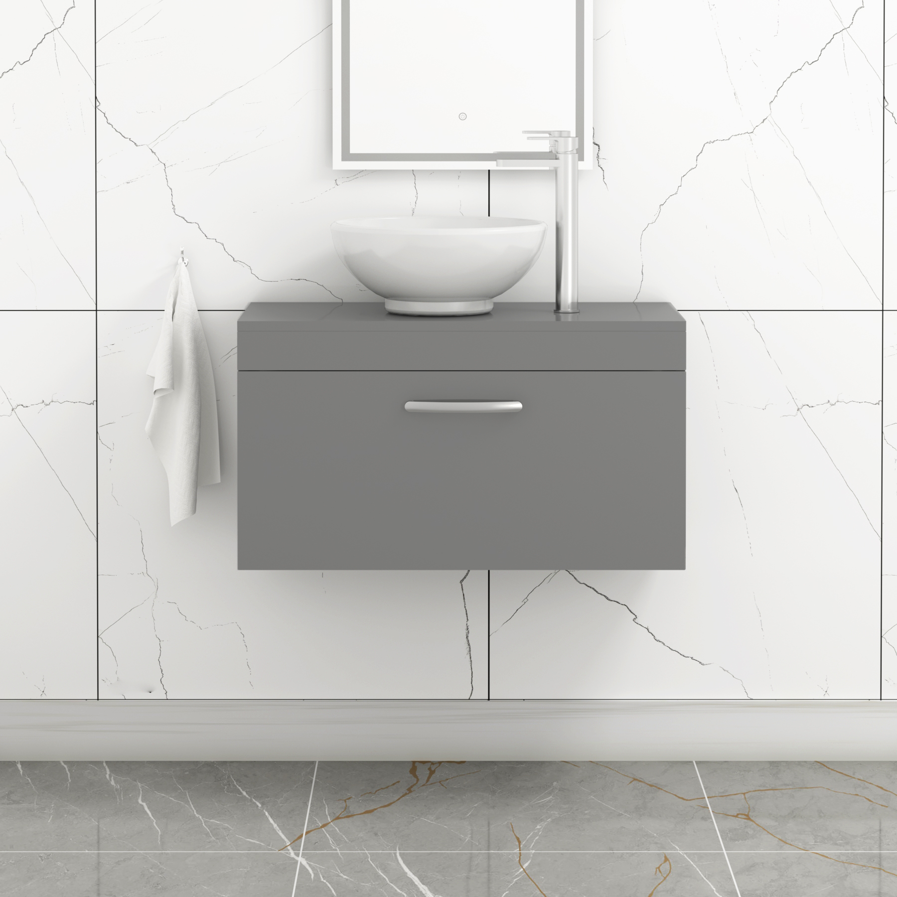Turin 800mm Wall Hung Vanity Unit 1 Drawer Indigo Grey Gloss & Various Countertop Basins