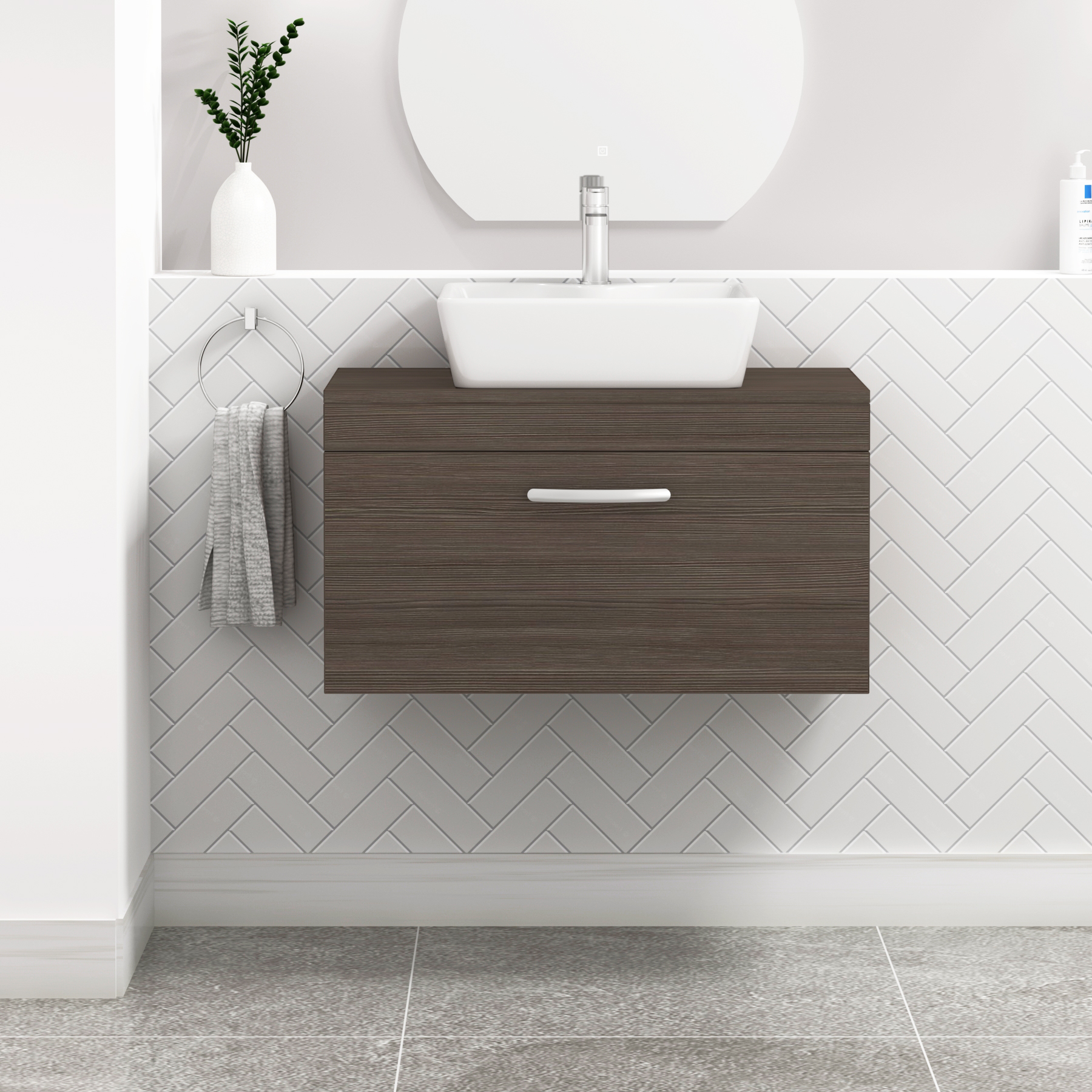 Turin 800mm Wall Hung Vanity Unit 1 Drawer Grey Elm & Various Countertop Basins