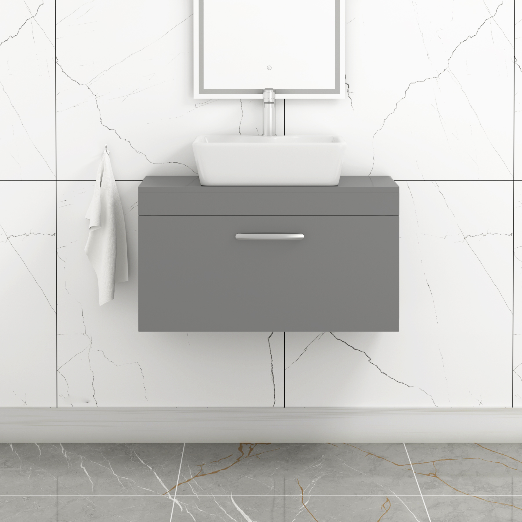Turin 800mm Wall Hung Vanity Unit 1 Drawer Indigo Grey Gloss & Various Countertop Basins