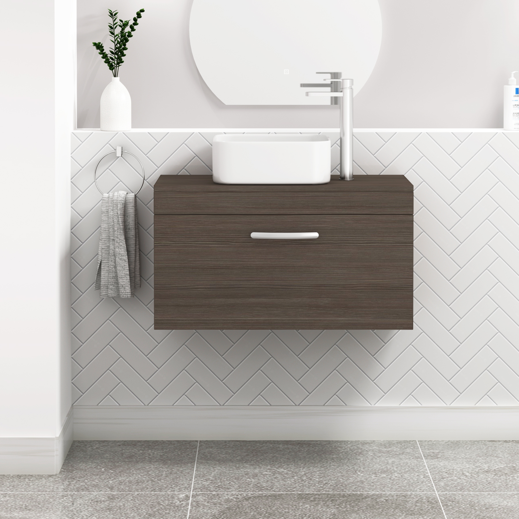 Turin 800mm Grey Elm 1-Drawer Wall Hung Unit & 365mm Soft Square Countertop Basin