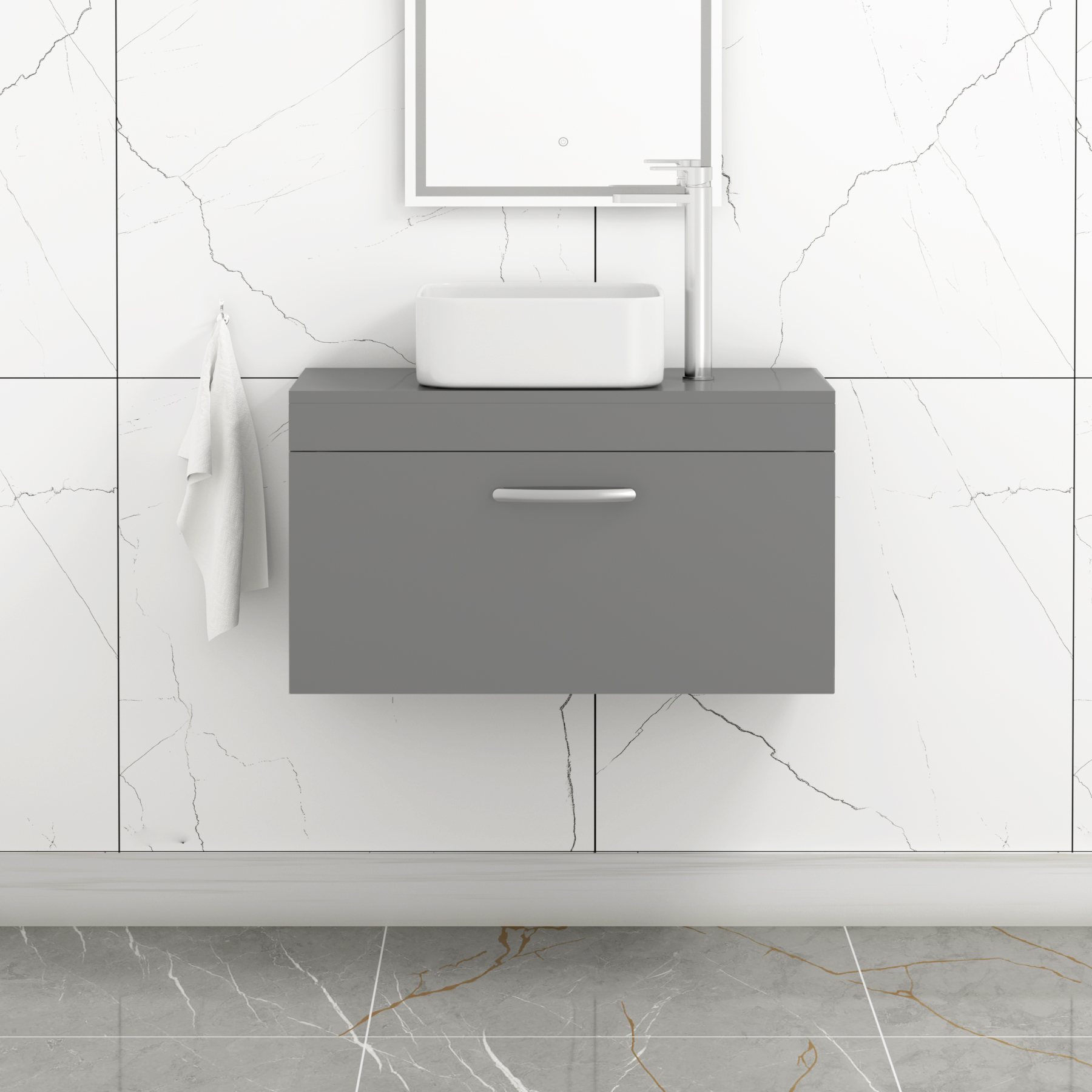 Turin 800mm Wall Hung Vanity Unit 1 Drawer Indigo Grey Gloss & Various Countertop Basins