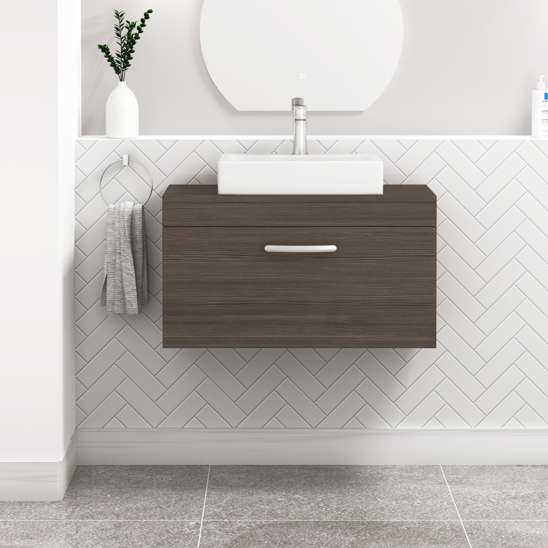 Turin 800mm Wall Hung Vanity Unit 1 Drawer Grey Elm & Various Countertop Basins