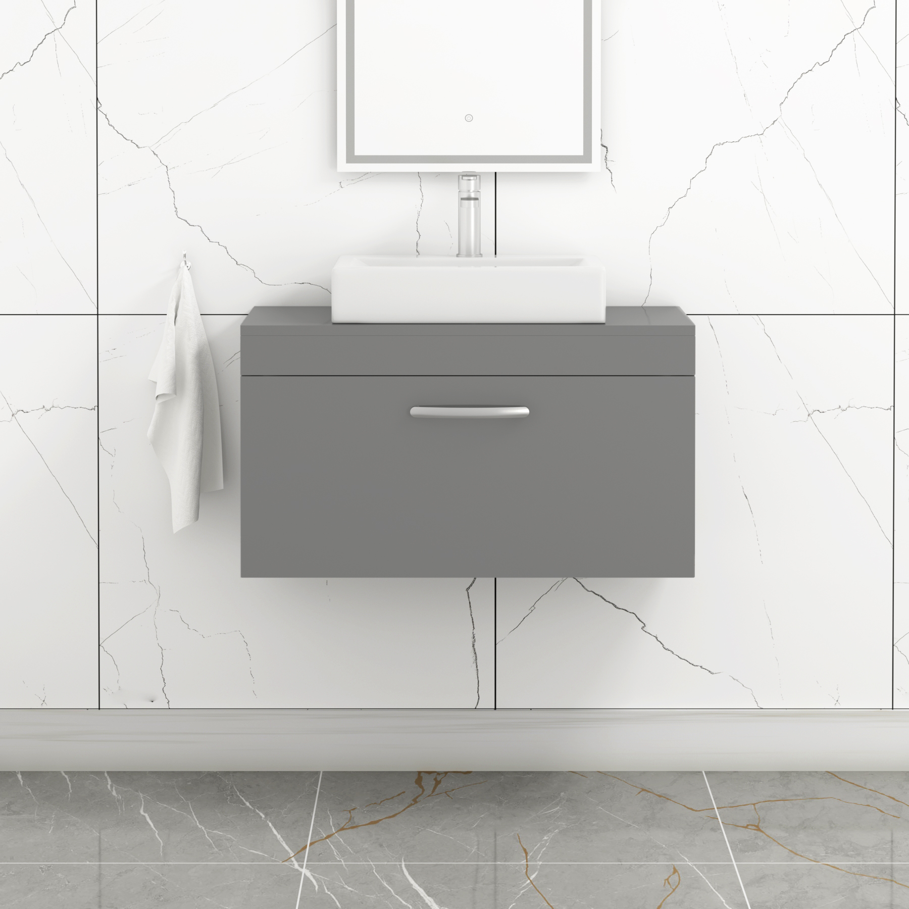 Turin 800mm Wall Hung Vanity Unit 1 Drawer Indigo Grey Gloss & Various Countertop Basins