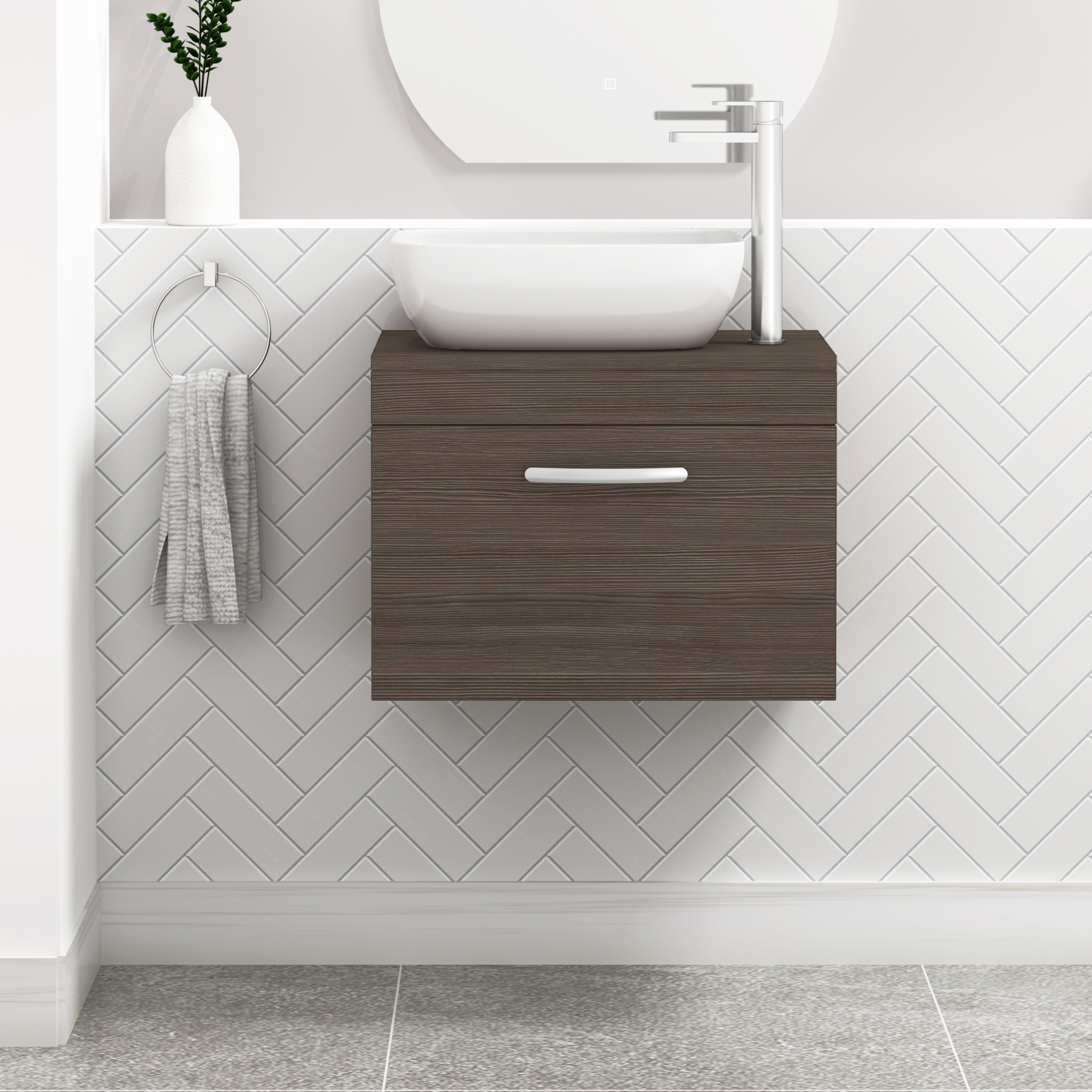 500/600/800mm Wall Hung Vanity Unit 1 Drawer Grey Elm & Countertop Basin - Elva