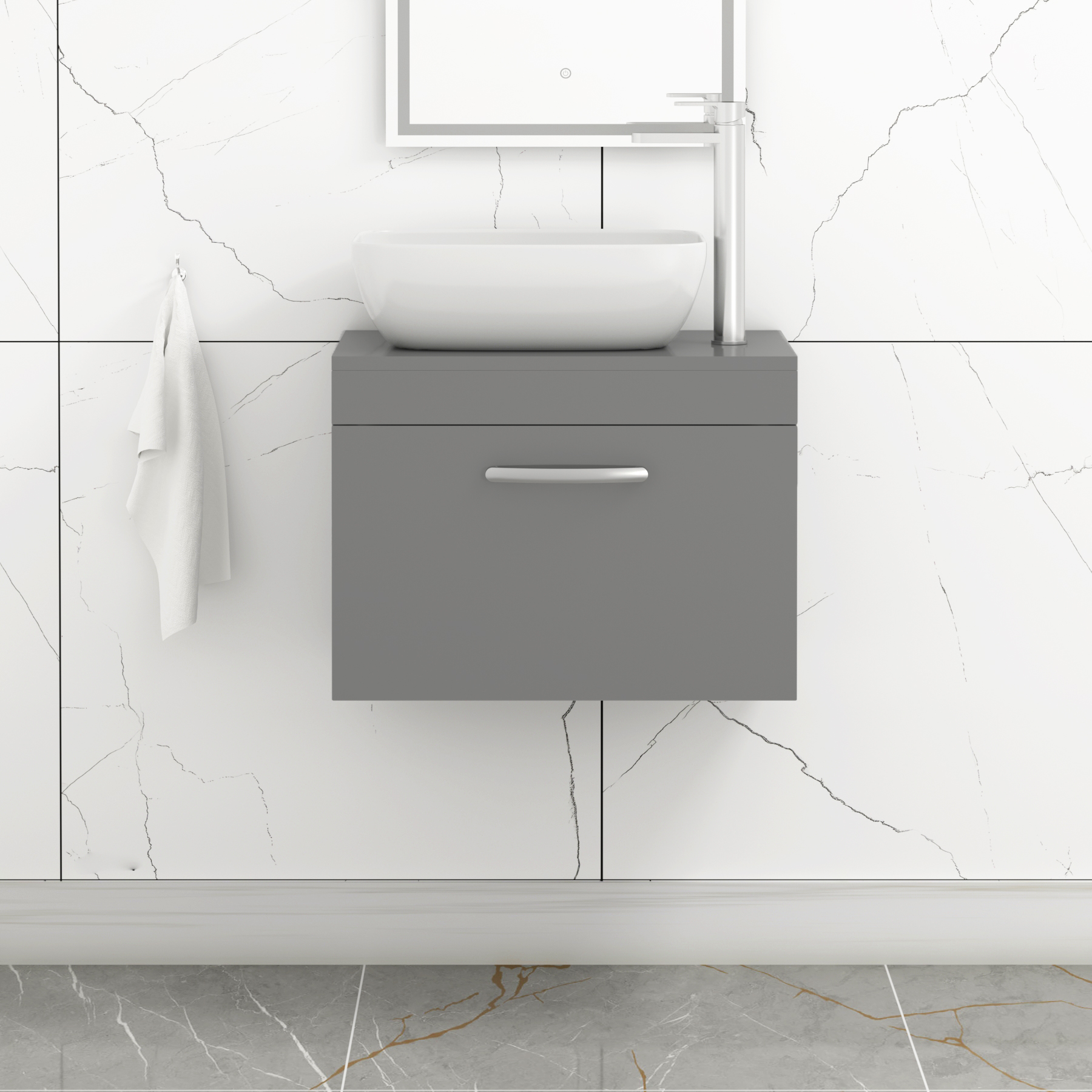 500/600/800mm Wall Hung Vanity Unit 1 Drawer Indigo Grey Gloss & Countertop Basin - Elva