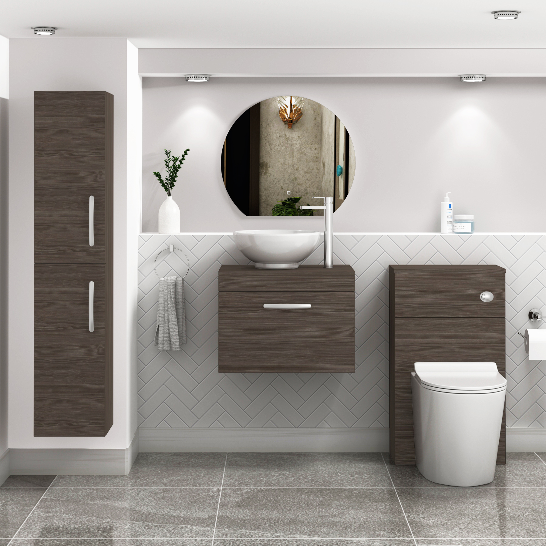500/600/800mm Wall Hung Vanity Unit 1 Drawer Grey Elm & Countertop Basin - Breeze