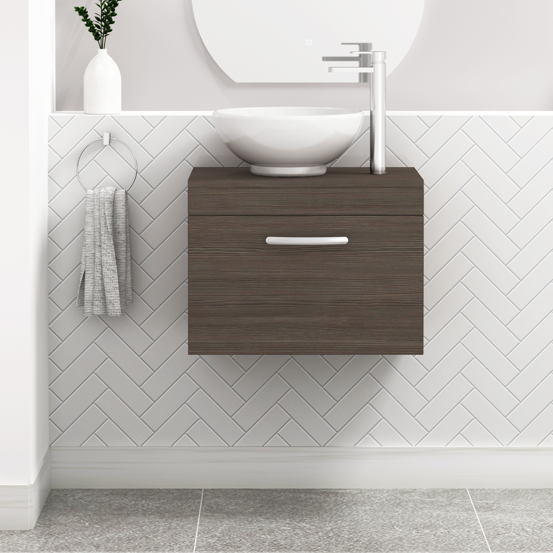 500/600/800mm Wall Hung Vanity Unit 1 Drawer Grey Elm & Countertop Basin - Breeze