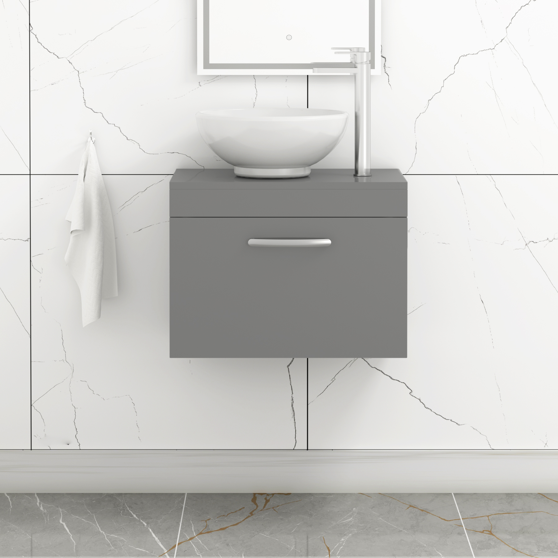 500/600/800mm Wall Hung Vanity Unit 1 Drawer Indigo Grey Gloss & Countertop Basin - Breeze
