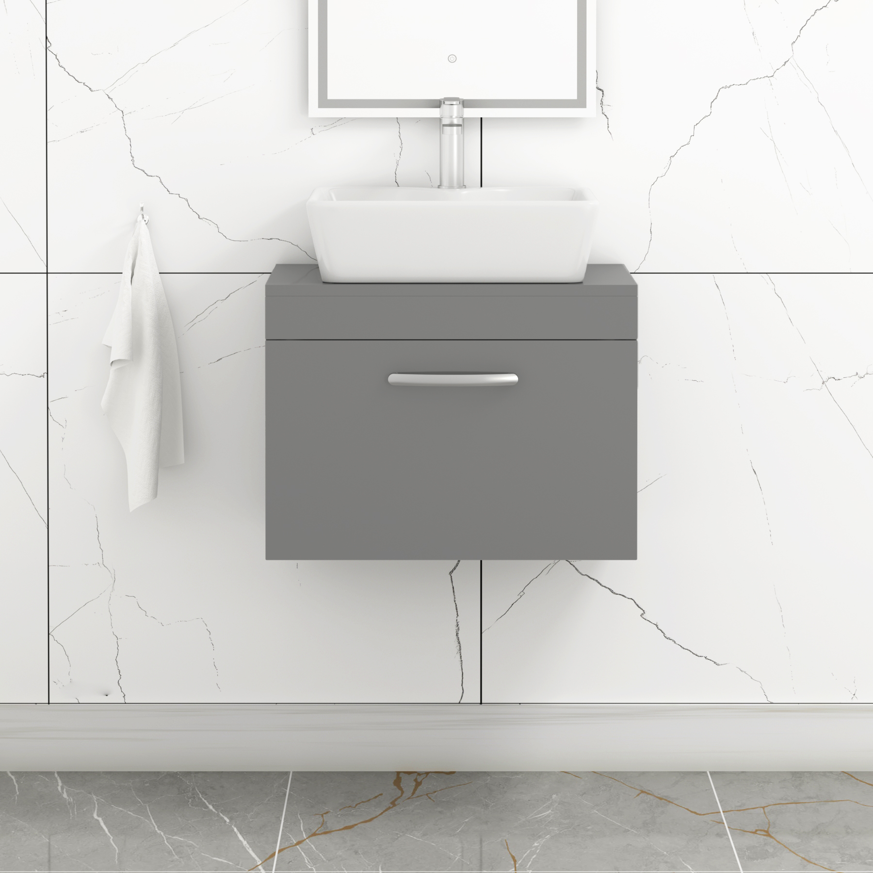 500/600/800mm Wall Hung Vanity Unit 1 Drawer Indigo Grey Gloss & Countertop Basin - Cube