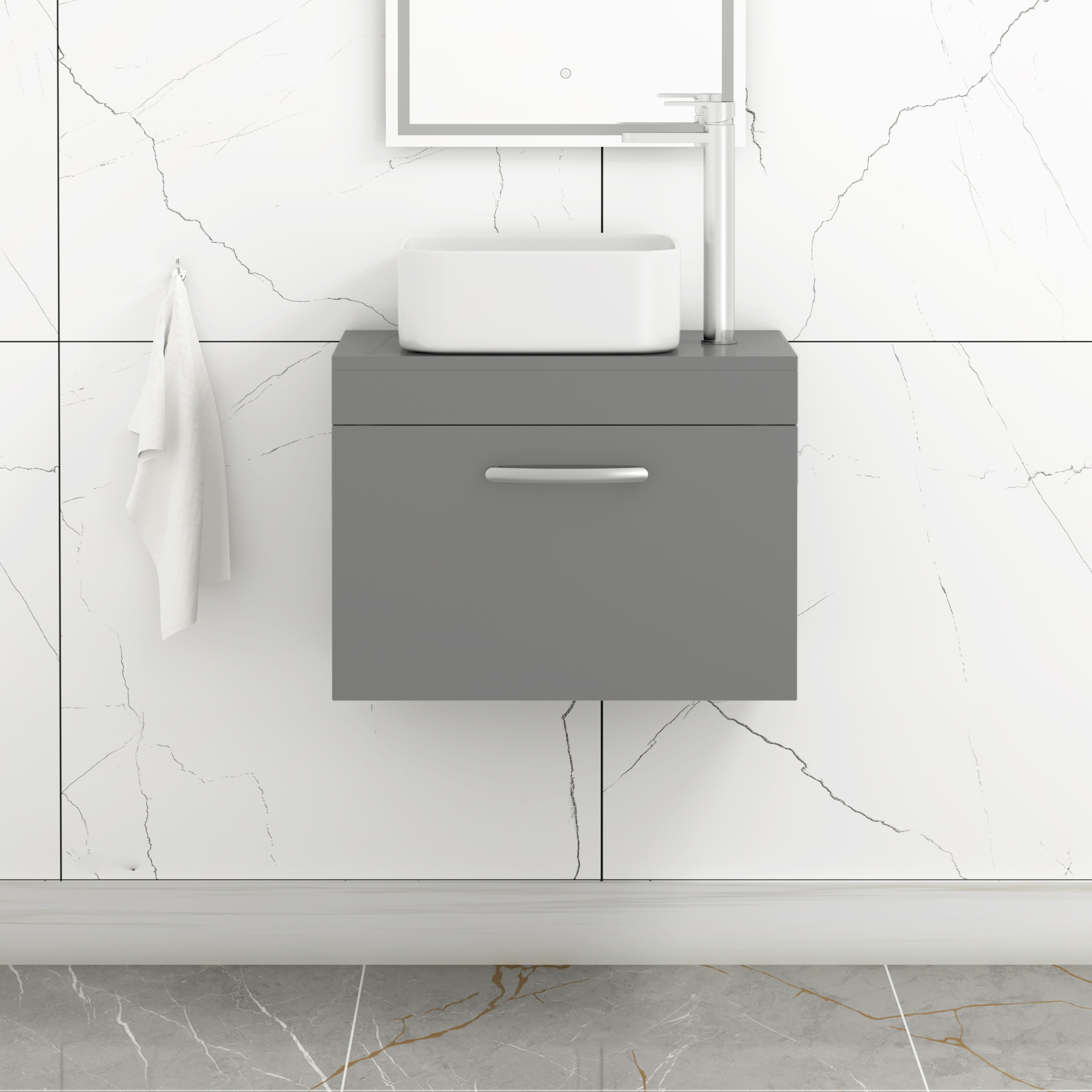500/600/800mm Wall Hung Vanity Unit 1 Drawer Indigo Grey Gloss & Countertop Basin - Elena