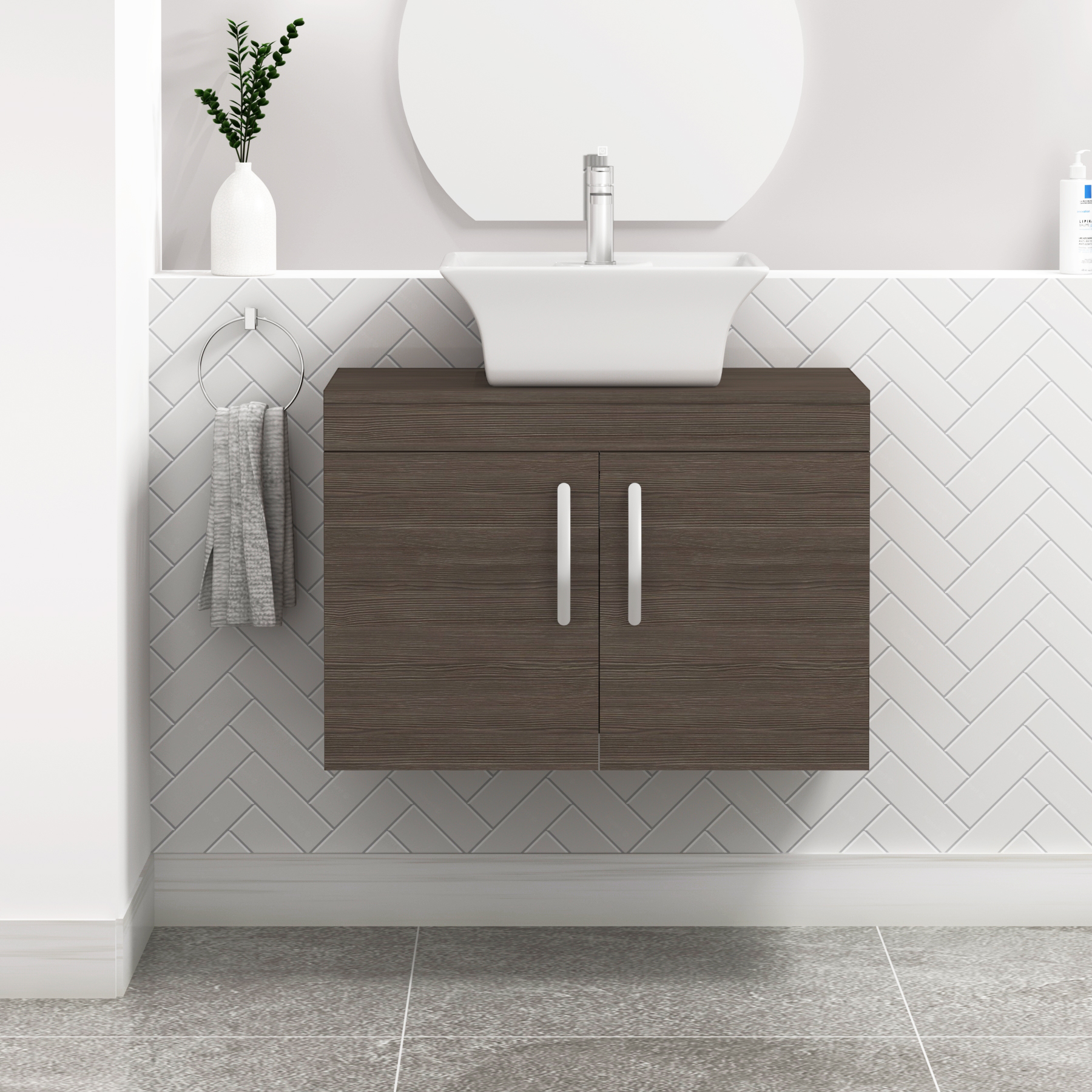 Turin 800mm Wall Hung Vanity Unit 2 Door Grey Elm & Various Countertop Basins