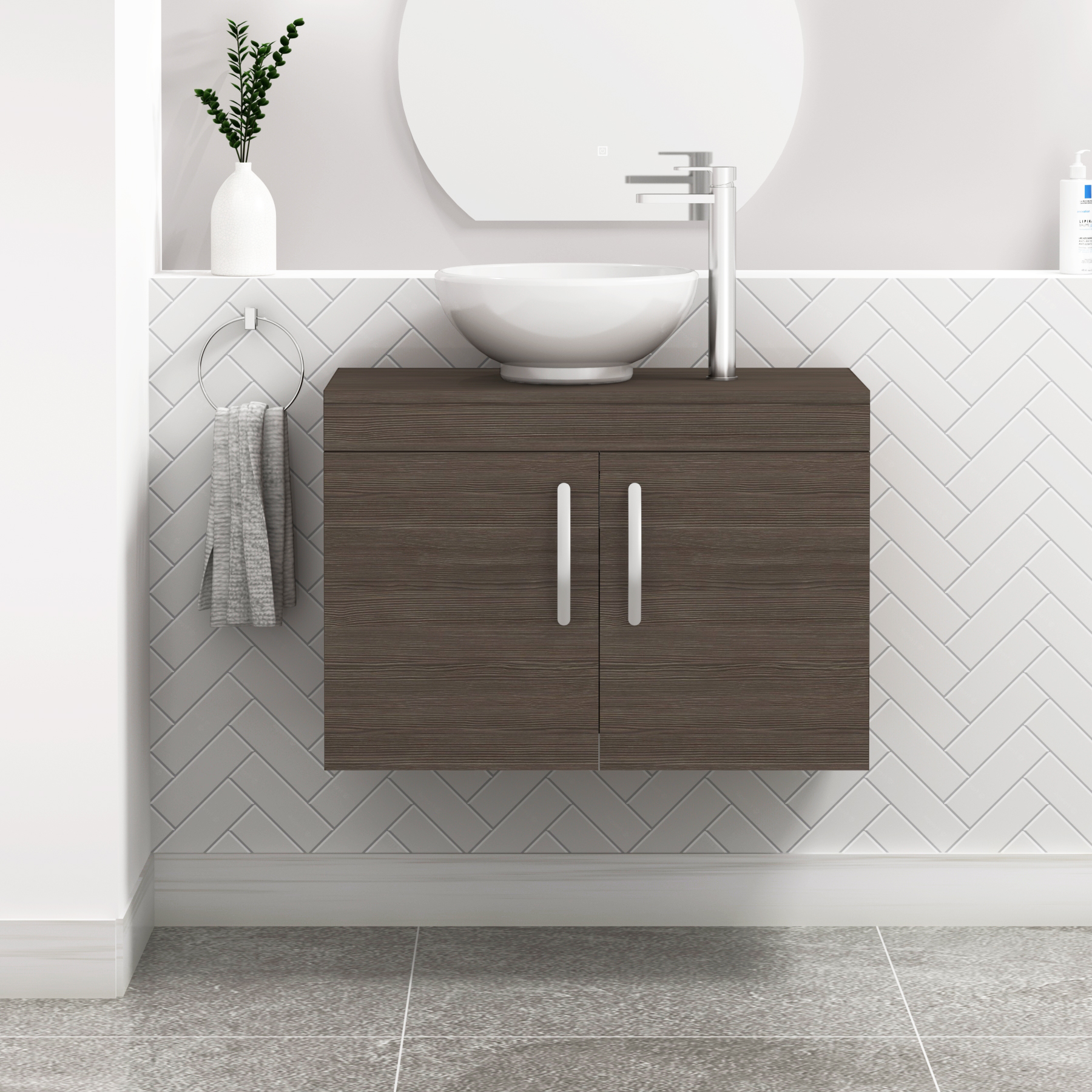 Turin 800mm Wall Hung Vanity Unit 2 Door Grey Elm & Various Countertop Basins