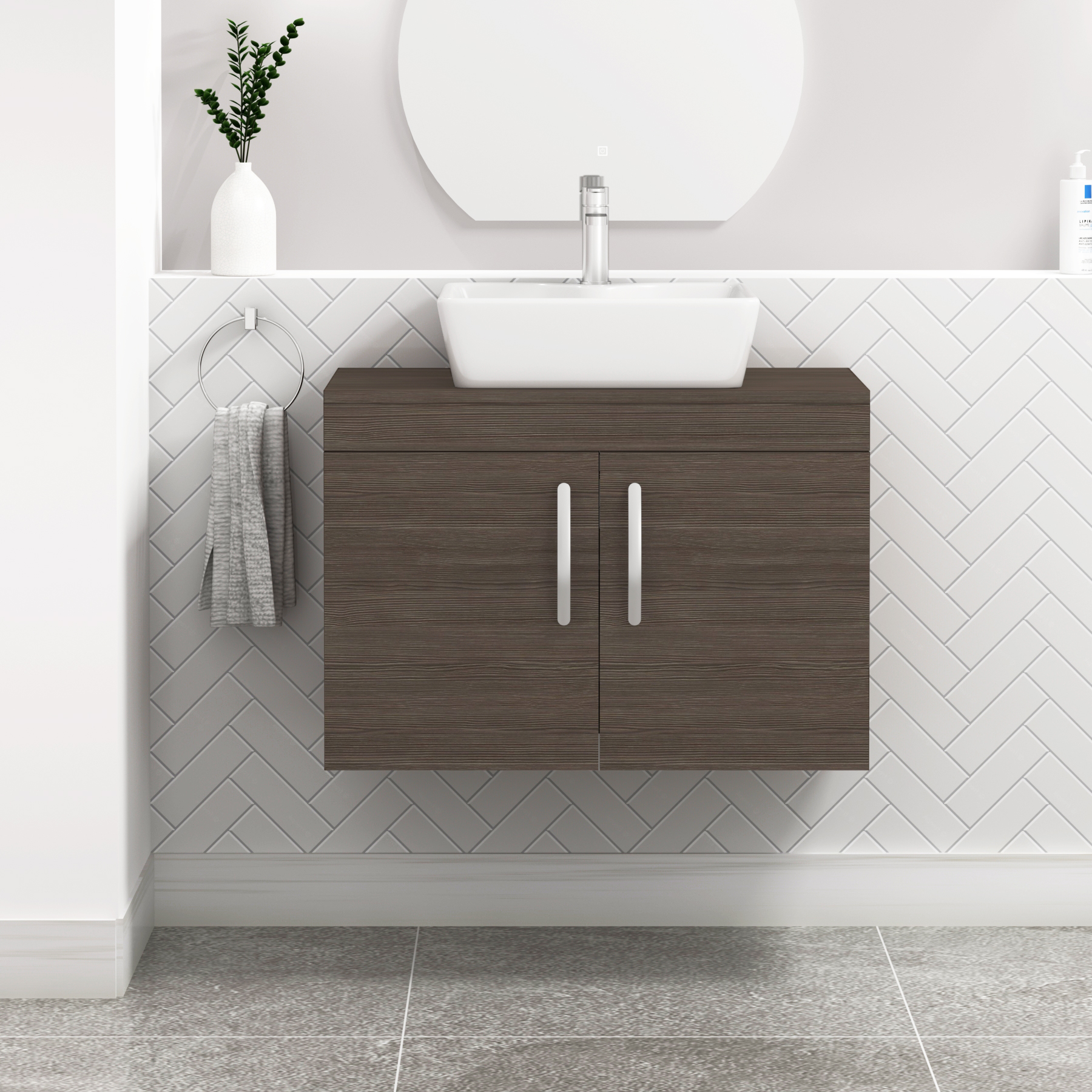 Turin 800mm Wall Hung Vanity Unit 2 Door Grey Elm & Various Countertop Basins