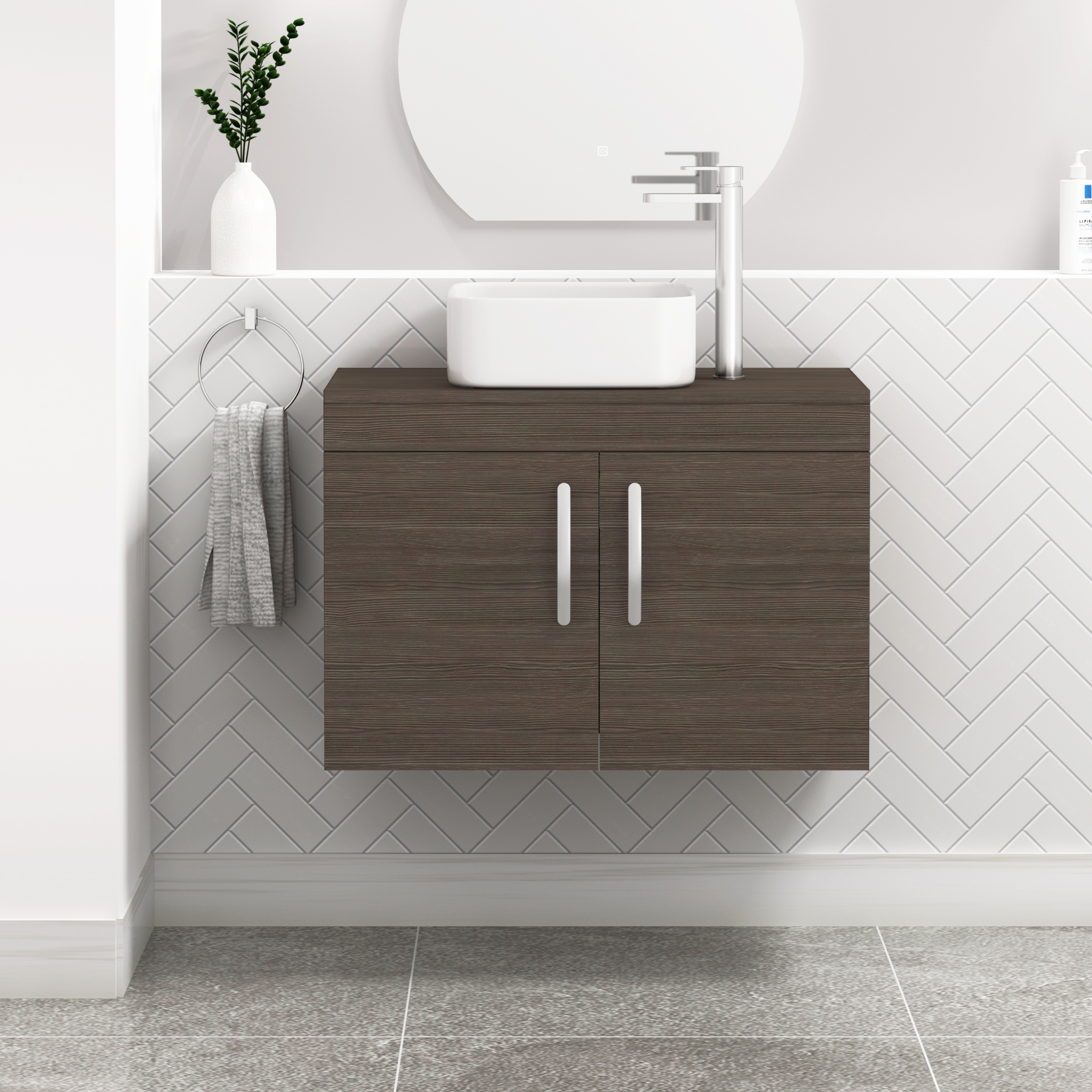 Turin 800mm Wall Hung Vanity Unit 2 Door Grey Elm & Various Countertop Basins