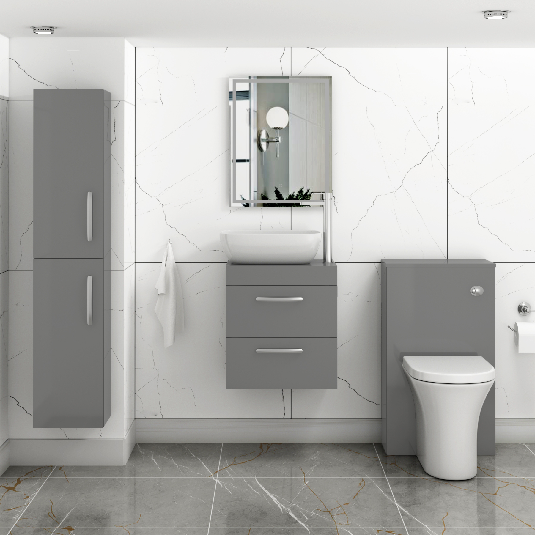 500mm Wall Hung Vanity Unit 2 Drawer Indigo Grey Gloss & Elva Countertop Basin 